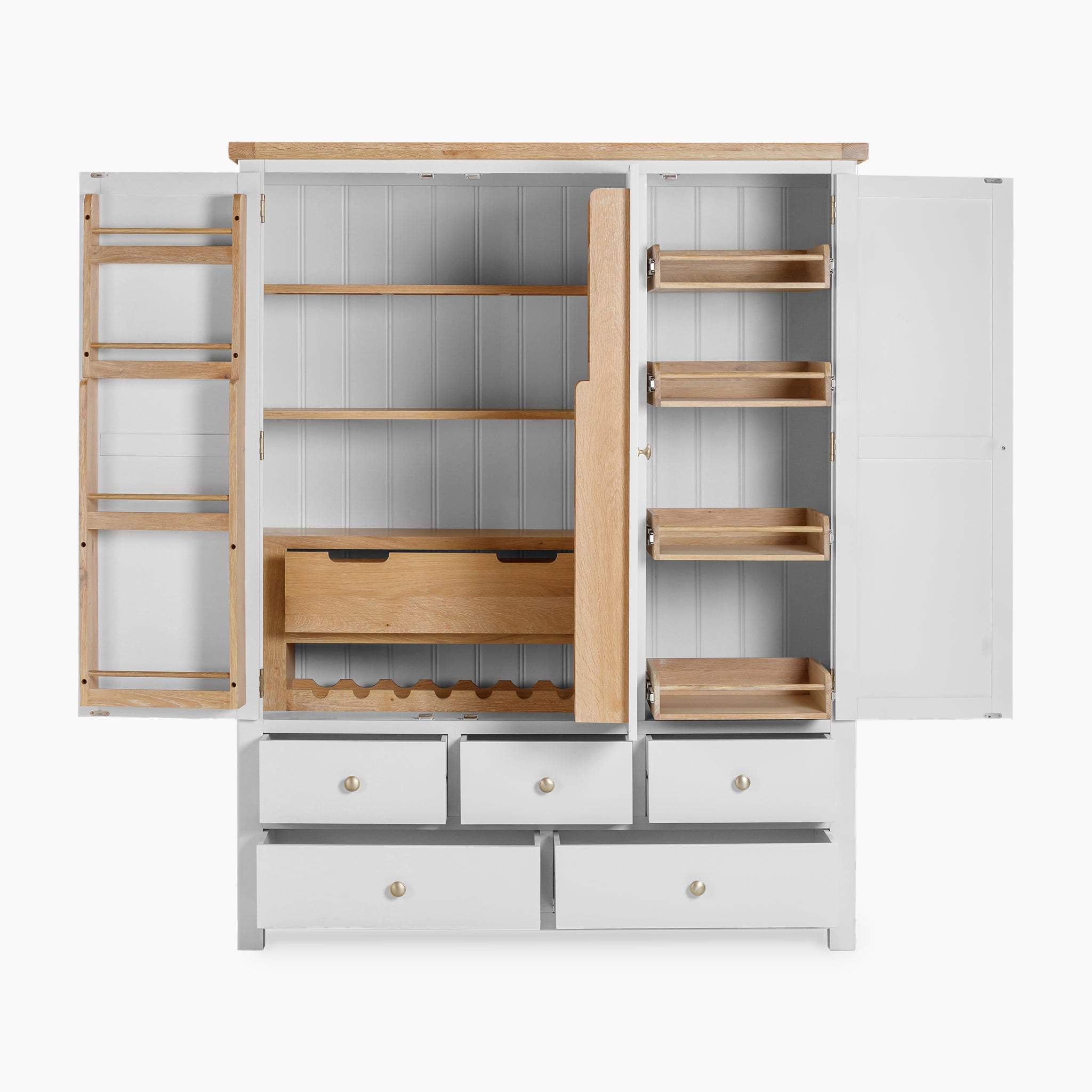 The Burford Triple Larder Unit in Warm White, a beautifully crafted wooden pantry cabinet with open doors, features adaptable storage solutions with its shelves, drawers, and racks. It is perfect for anyone looking for versatile kitchen larder units to easily organize their essentials.