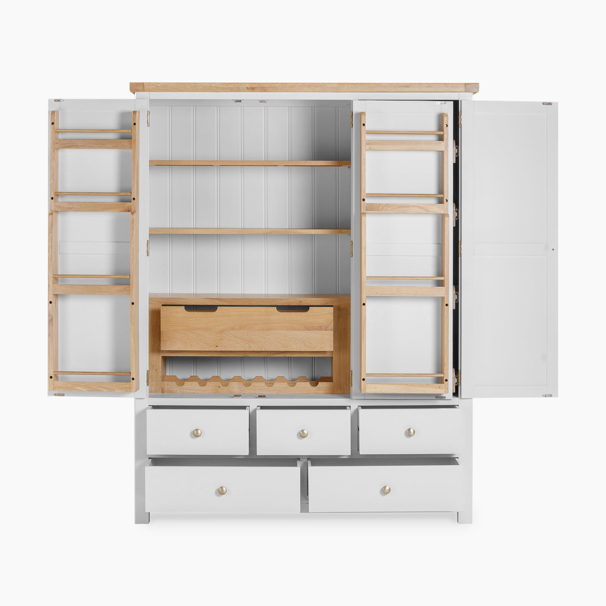 The Burford Triple Larder Unit in Warm White boasts a white wooden cabinet with open doors, highlighting versatile storage options such as shelves, a wine rack, and six drawers with light wood accents. This kitchen larder unit combines style with functionality.