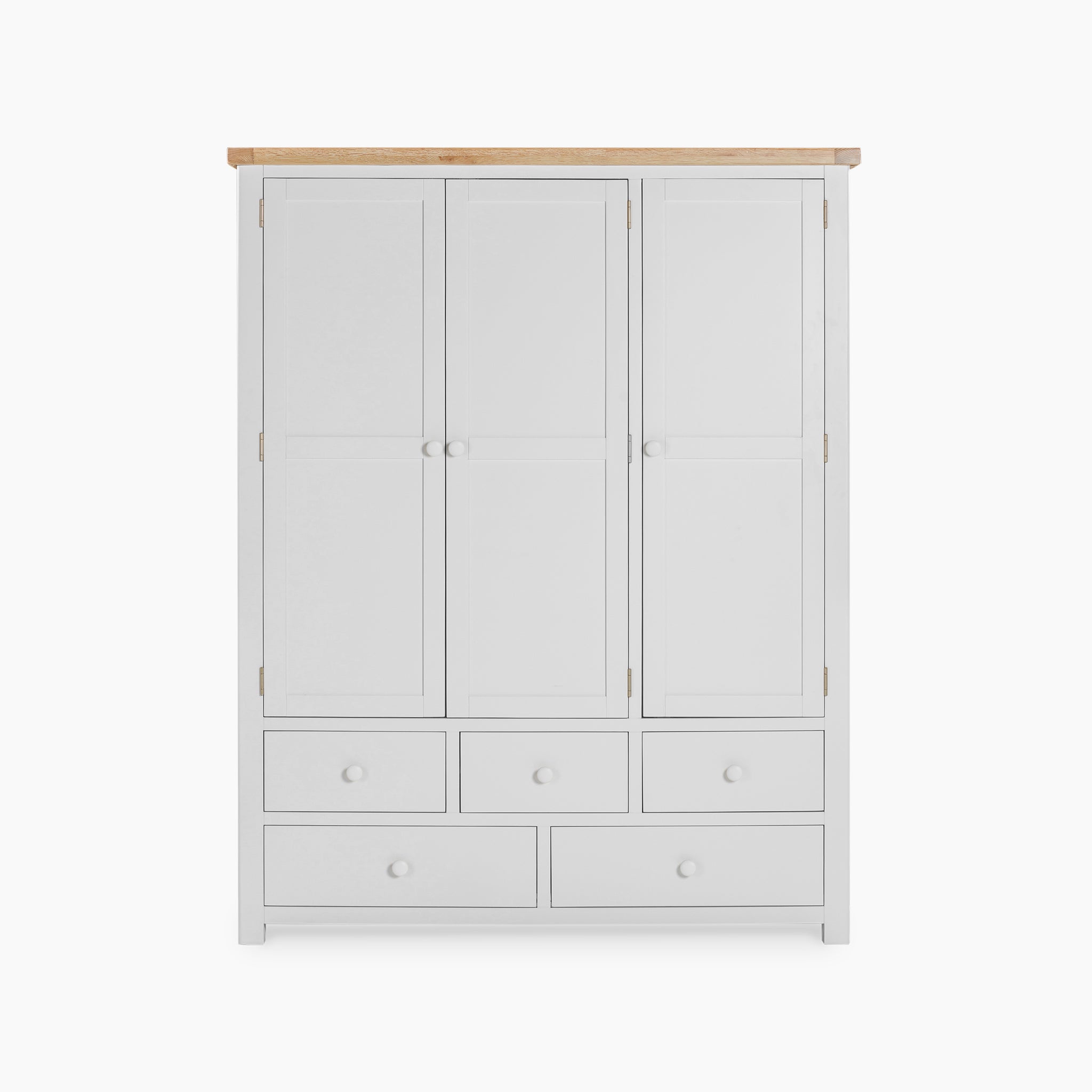 The Burford Triple Larder Unit in Warm White is a versatile storage solution, featuring a white three-door wardrobe with a wooden top and six drawers, ideal against a plain background.