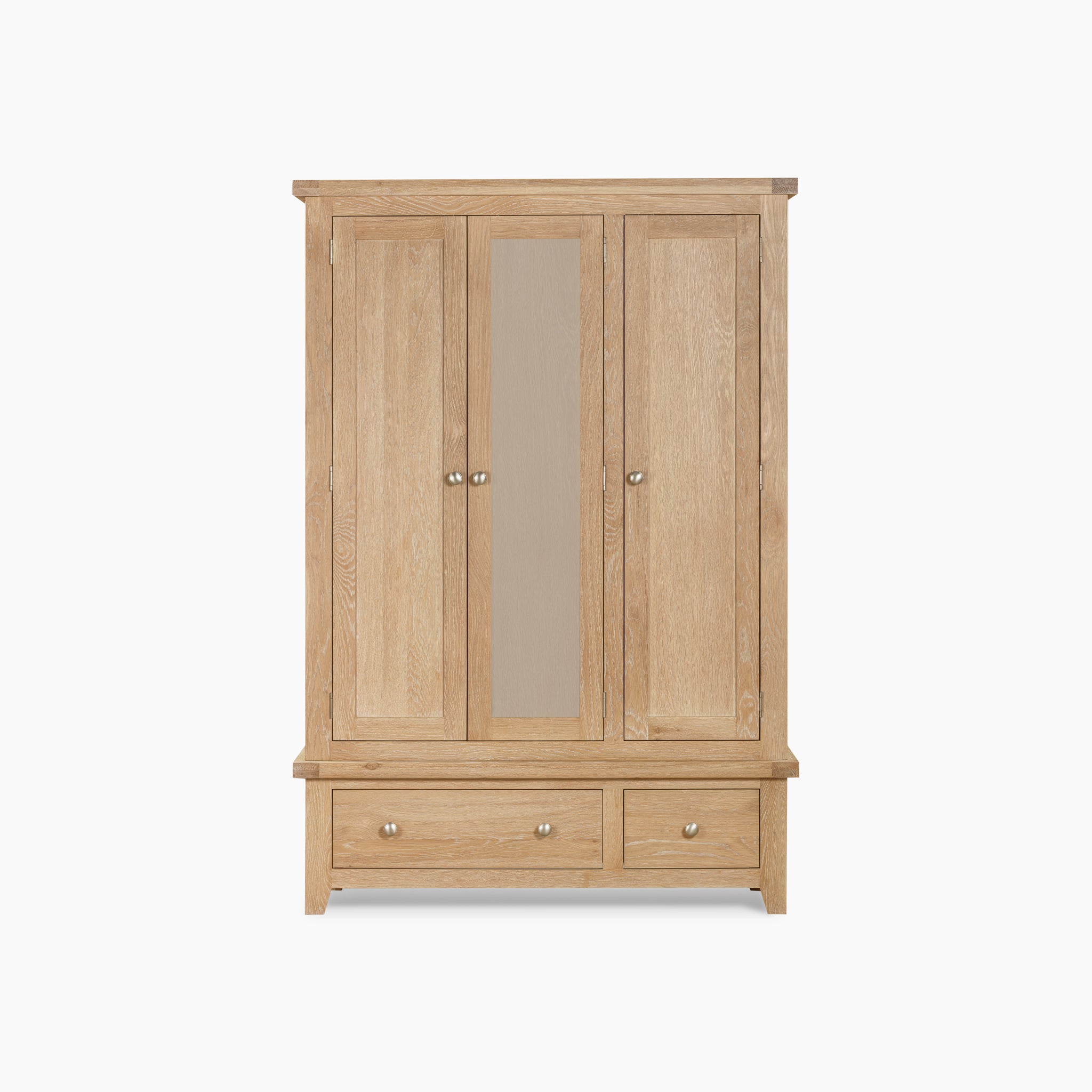 The Burford Triple Wardrobe with 2 Drawers in Natural Oak features three doors, one with a mirror, and two bottom drawers. This stylish storage solution sits elegantly against a white background.