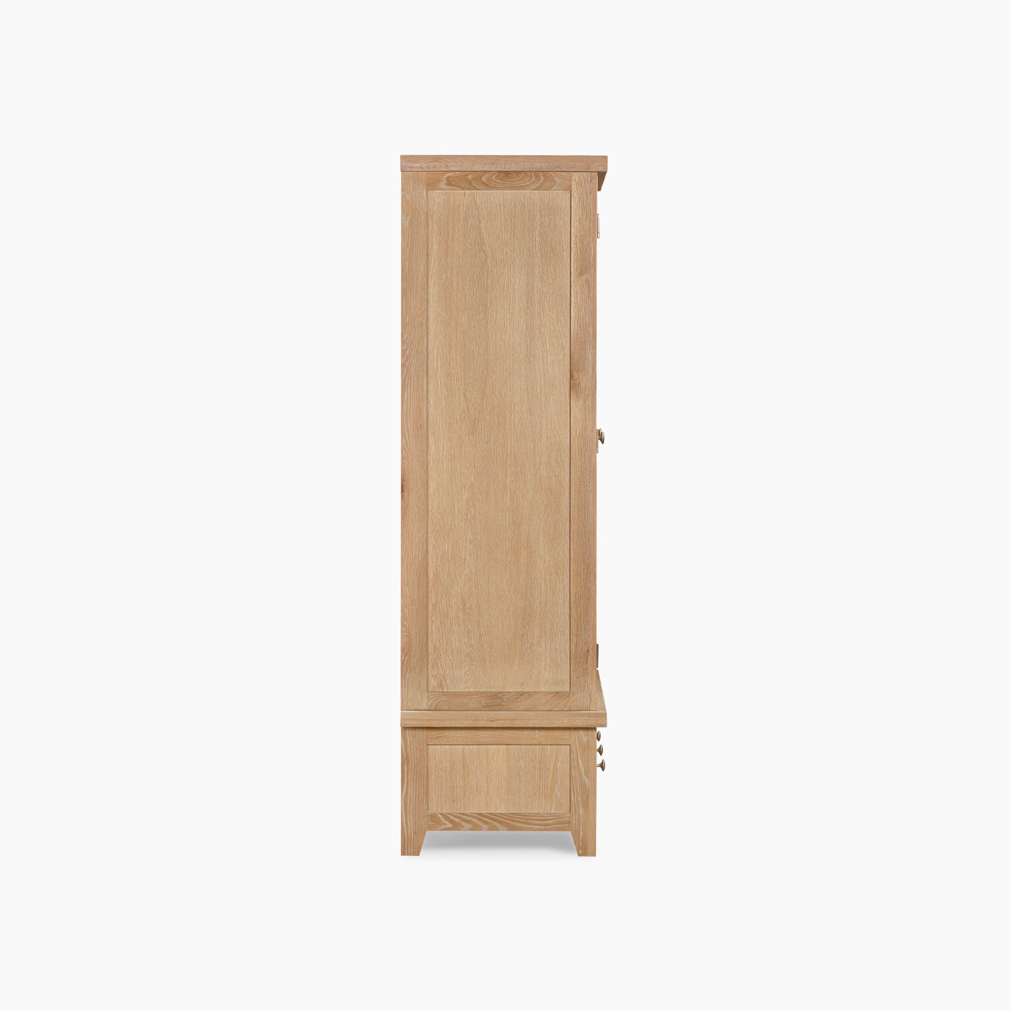 Side view of the Burford Triple Wardrobe with 2 Drawers in Natural Oak, a natural oak storage solution, against a plain white background.