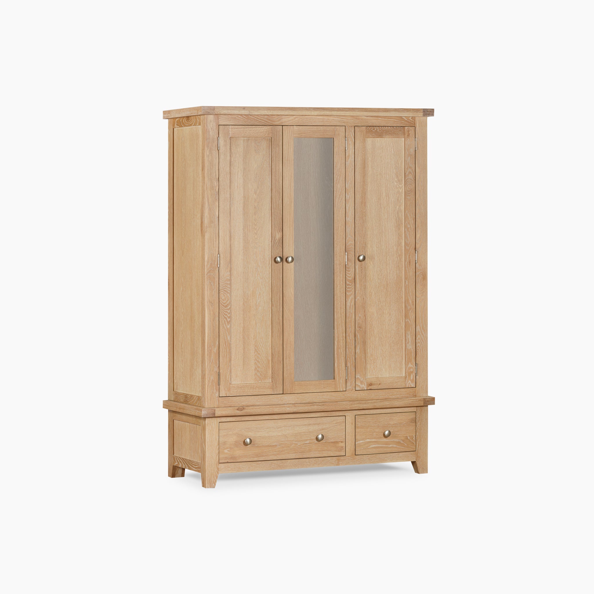 The Burford Triple Wardrobe with 2 Drawers in Natural Oak features three doors, a mirror on the central door, and two small drawers at the bottom. This storage solution combines elegance and practicality seamlessly.