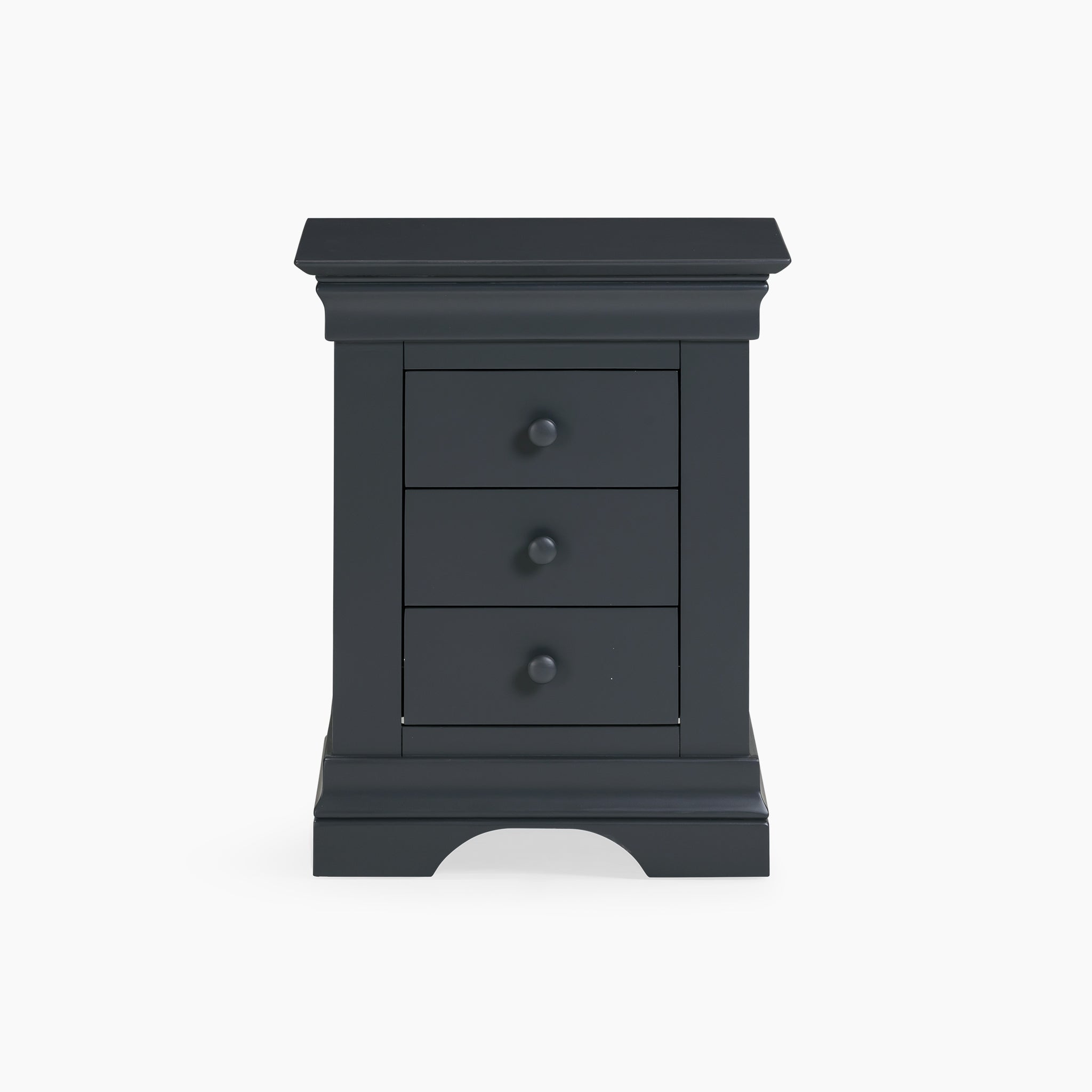 The Chalbury 3 Drawer Bedside Table in Dusky Black is crafted from solid oak and features three drawers with round knobs.