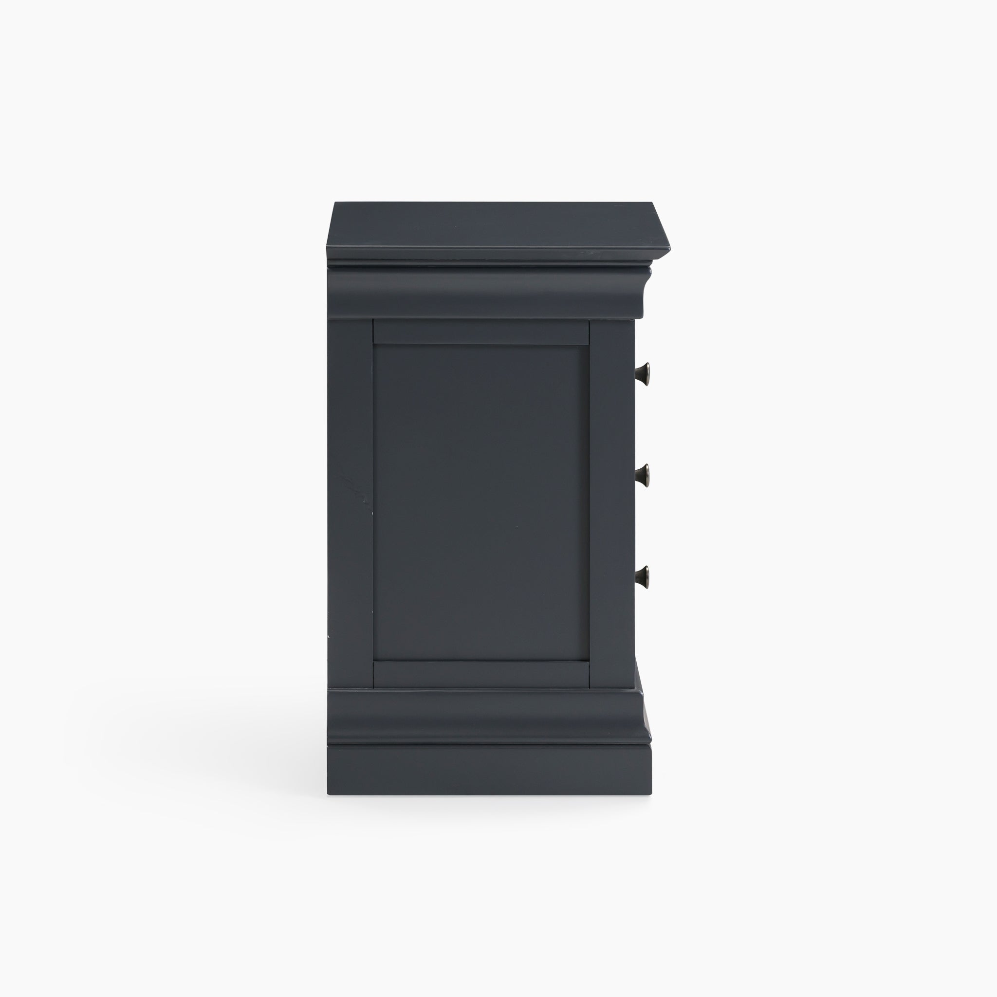 Side view of the Chalbury 3 Drawer Bedside Table in Dusky Black, showcasing three generous drawers, made from solid oak, set against a pristine white background.