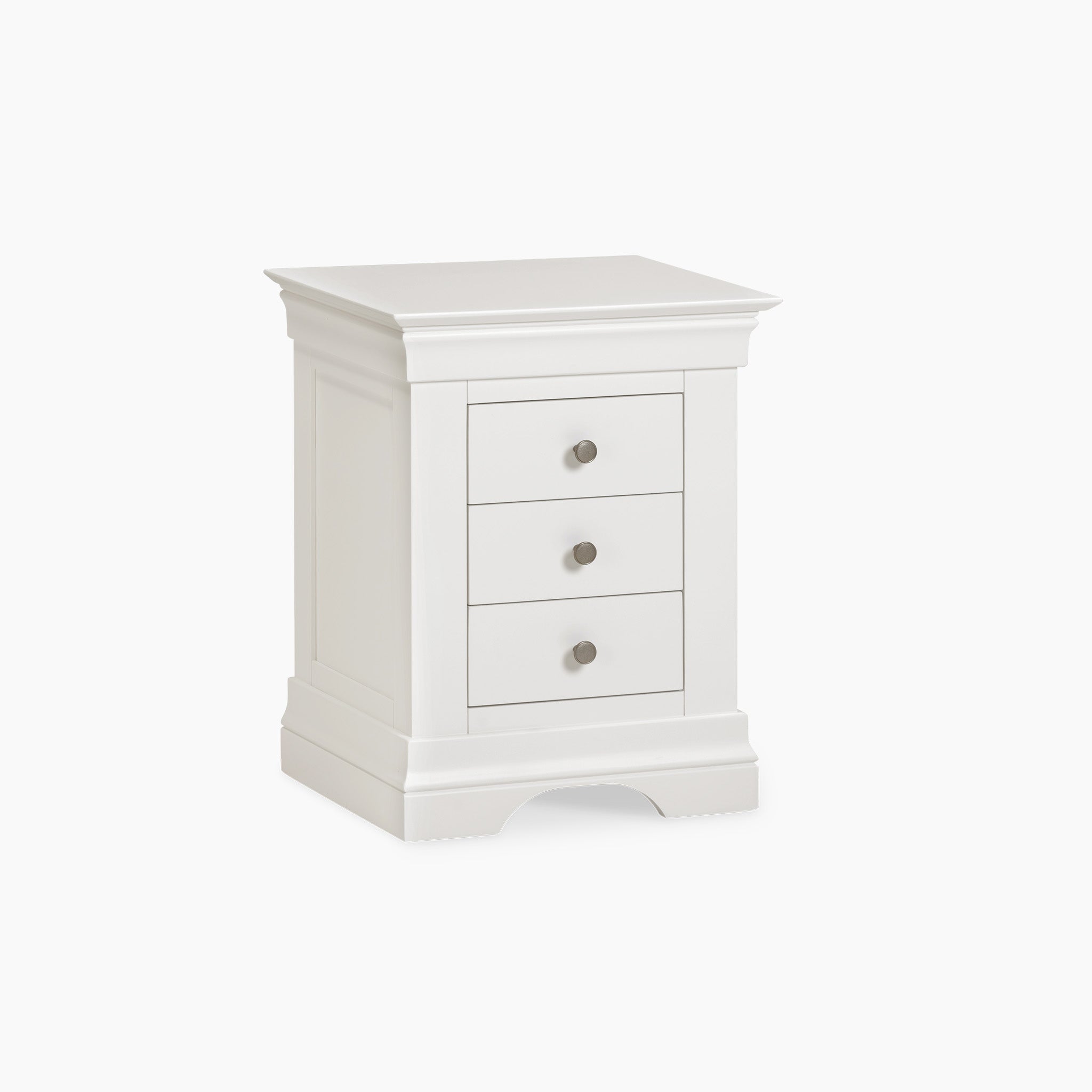 The Chalbury 3 Drawer Bedside Table in Warm White is ideal for elevating your bedroom décor, showcasing a sophisticated design with three drawers and stylish metallic handles against a plain white background.