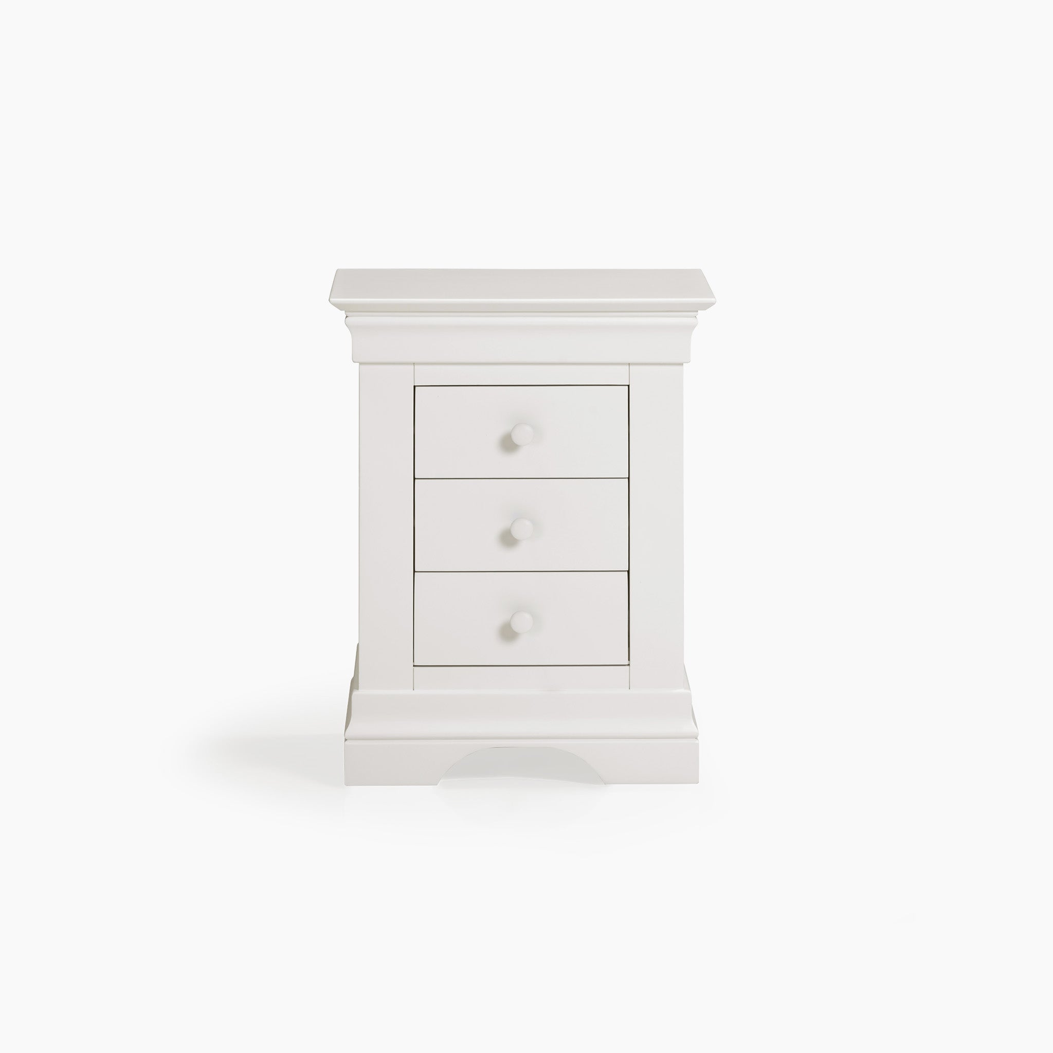 The Chalbury 3 Drawer Bedside Table in Warm White is a stunning piece that enhances your bedroom décor with a touch of minimalist elegance, effortlessly complementing any space with its sleek design.