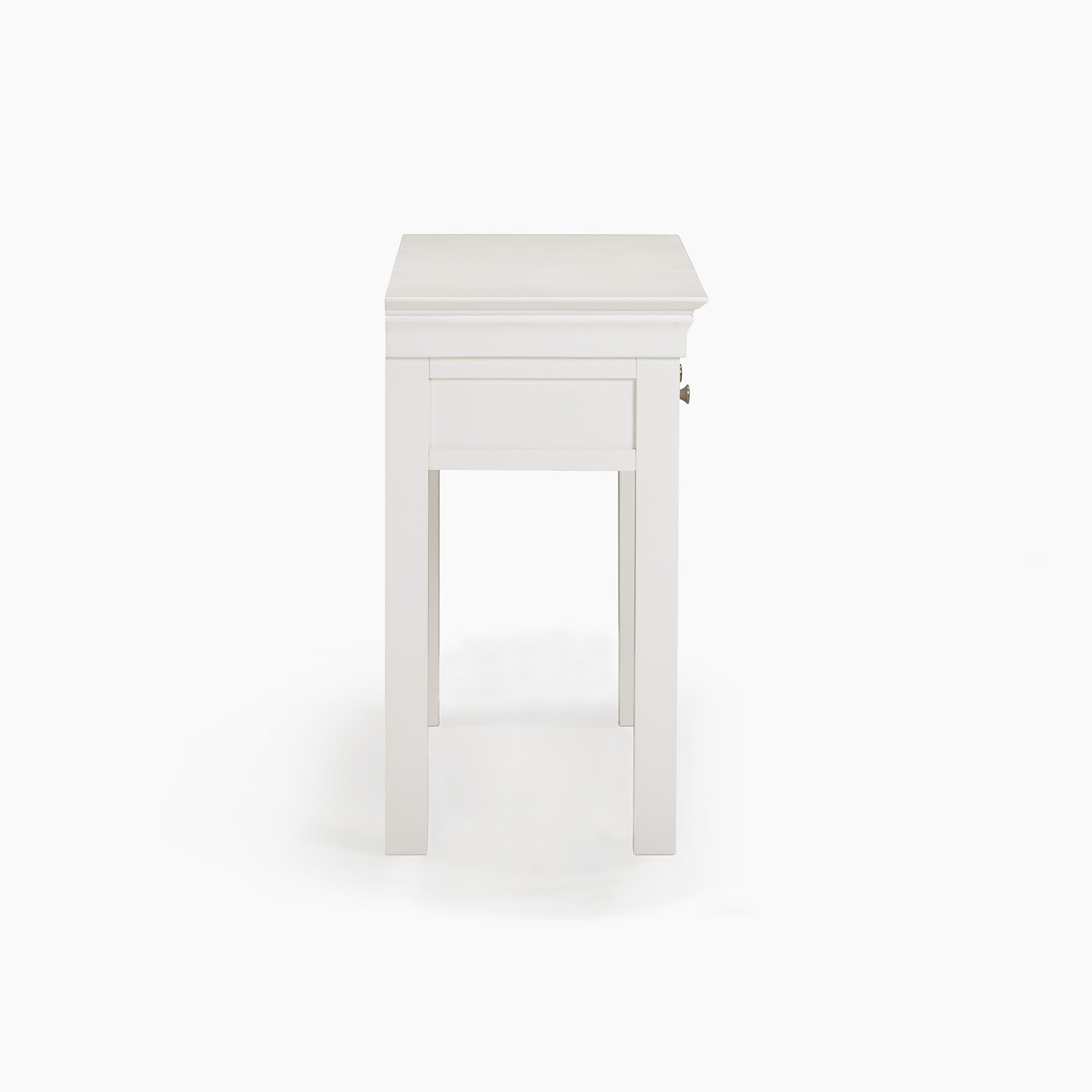 The Chalbury Console Desk in Warm White radiates modern elegance with its sleek, white wooden design. Displayed against a plain backdrop, this rectangular end table highlights its warm white finish from the side.