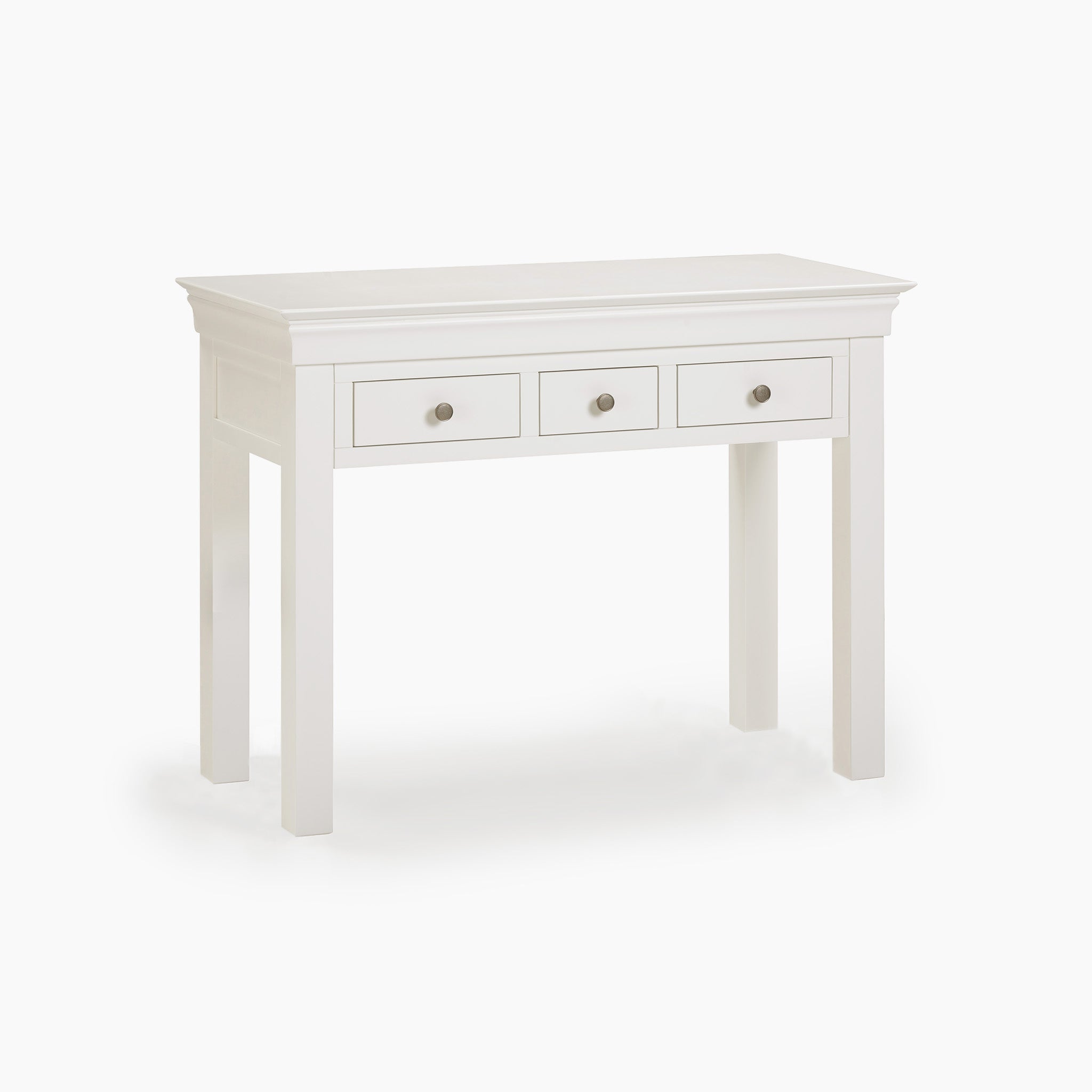 The Chalbury Console Desk in Warm White epitomizes modern elegance, showcasing a timeless design with three drawers enhanced by round metal knobs.