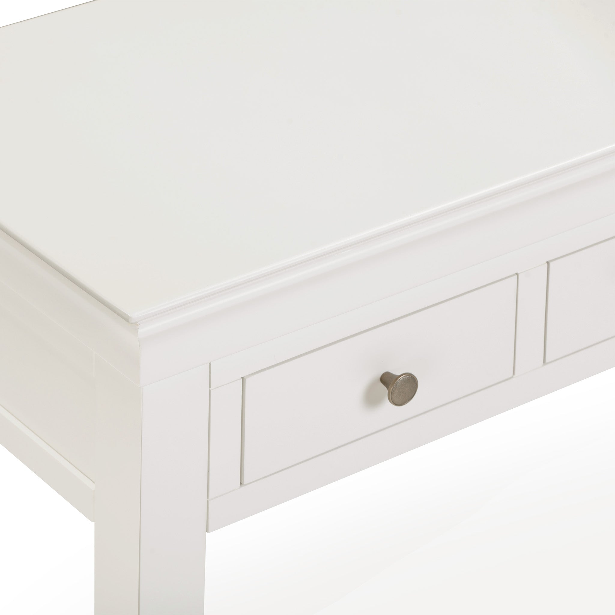 The Chalbury Console Desk in Warm White embodies modern elegance with its white wooden table and a drawer accented by a chic round metal knob.