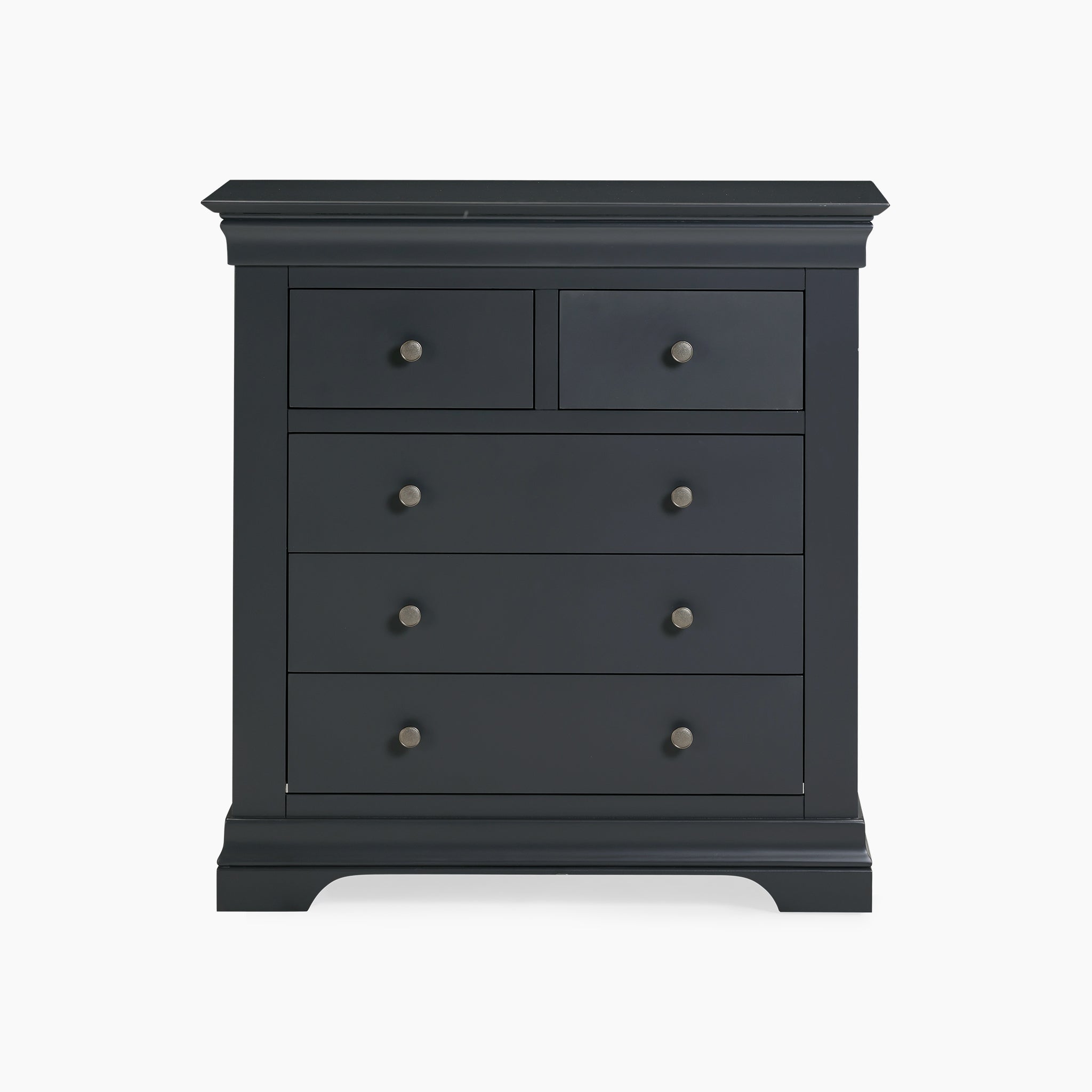 The Chalbury 2 Over 3 Chest of Drawers in Dusky Black boasts a contemporary style with its plain white backdrop, featuring six roomy drawers complemented by round knobs.