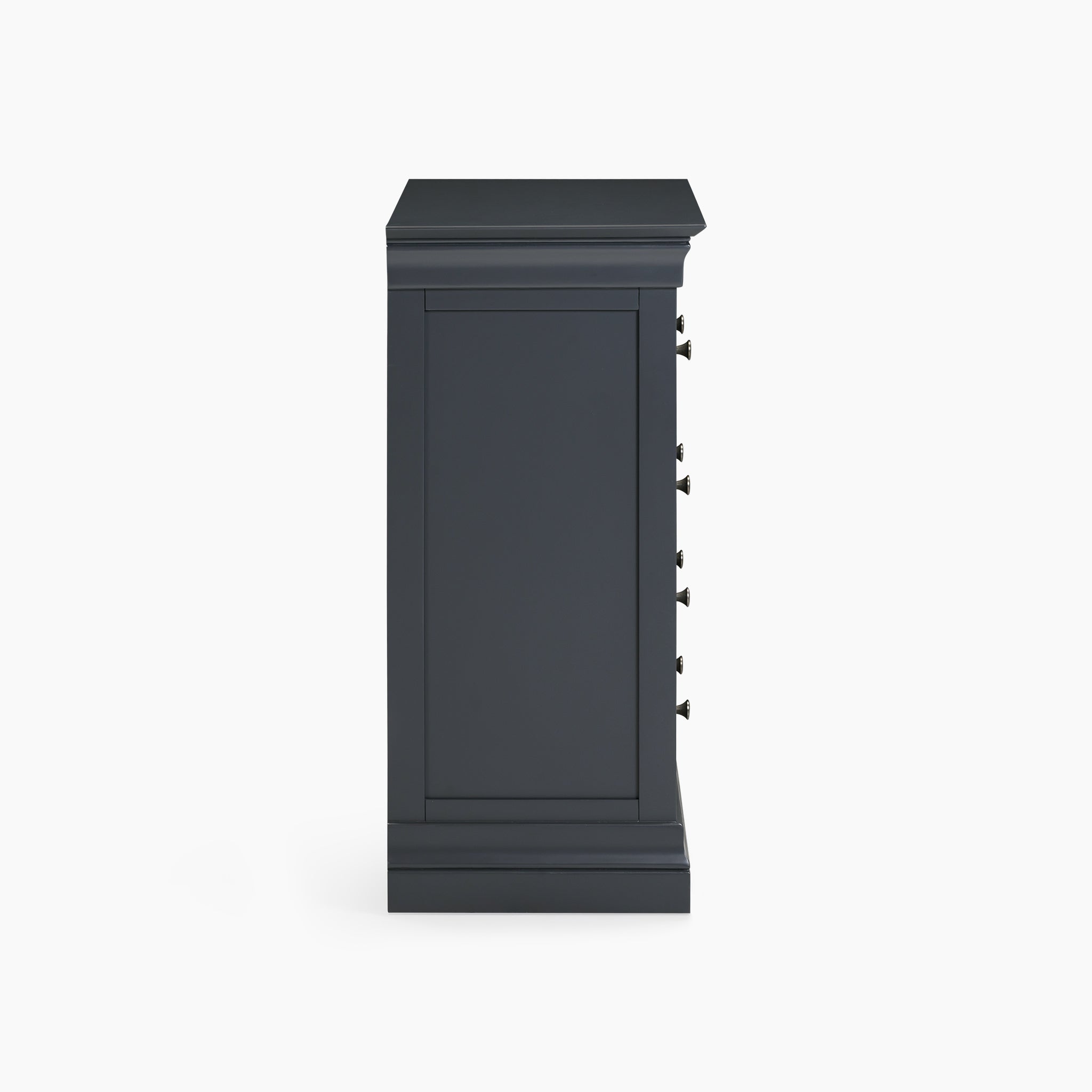 Side view of the Chalbury 2 Over 3 Chest of Drawers in Dusky Black, showcasing a modern design with five visible knobs against a white background.