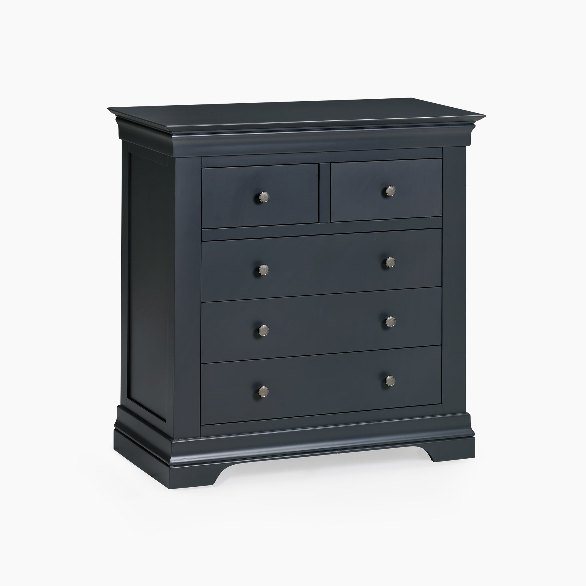 Discover the sleek design of the Chalbury 2 Over 3 Chest of Drawers in Dusky Black. This stylish piece boasts two smaller top drawers and three larger bottom ones, perfectly merging elegance with functionality.