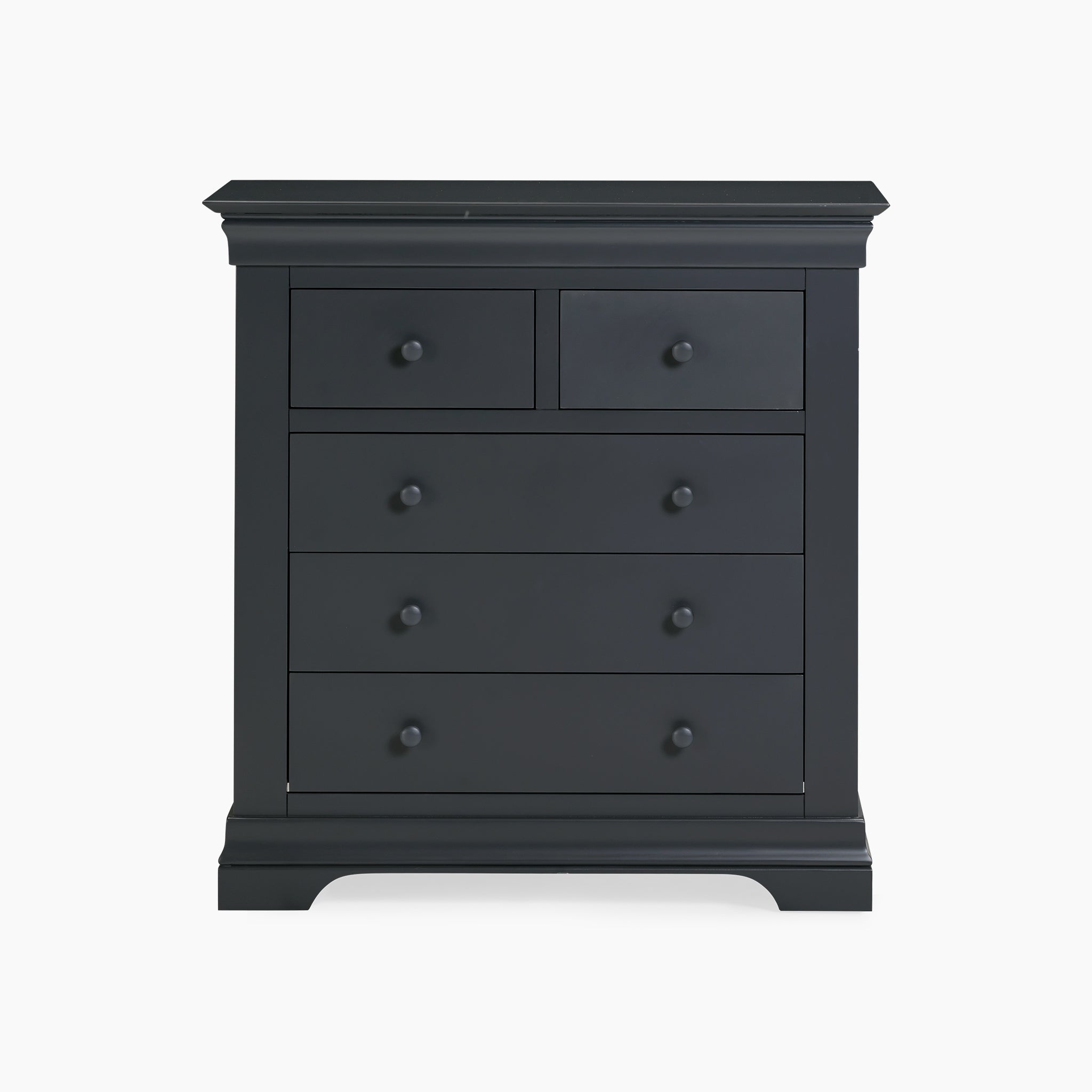 The Chalbury 2 Over 3 Chest of Drawers in Dusky Black showcases a classic design with modern elegance, featuring five spacious drawers set against a plain white background.