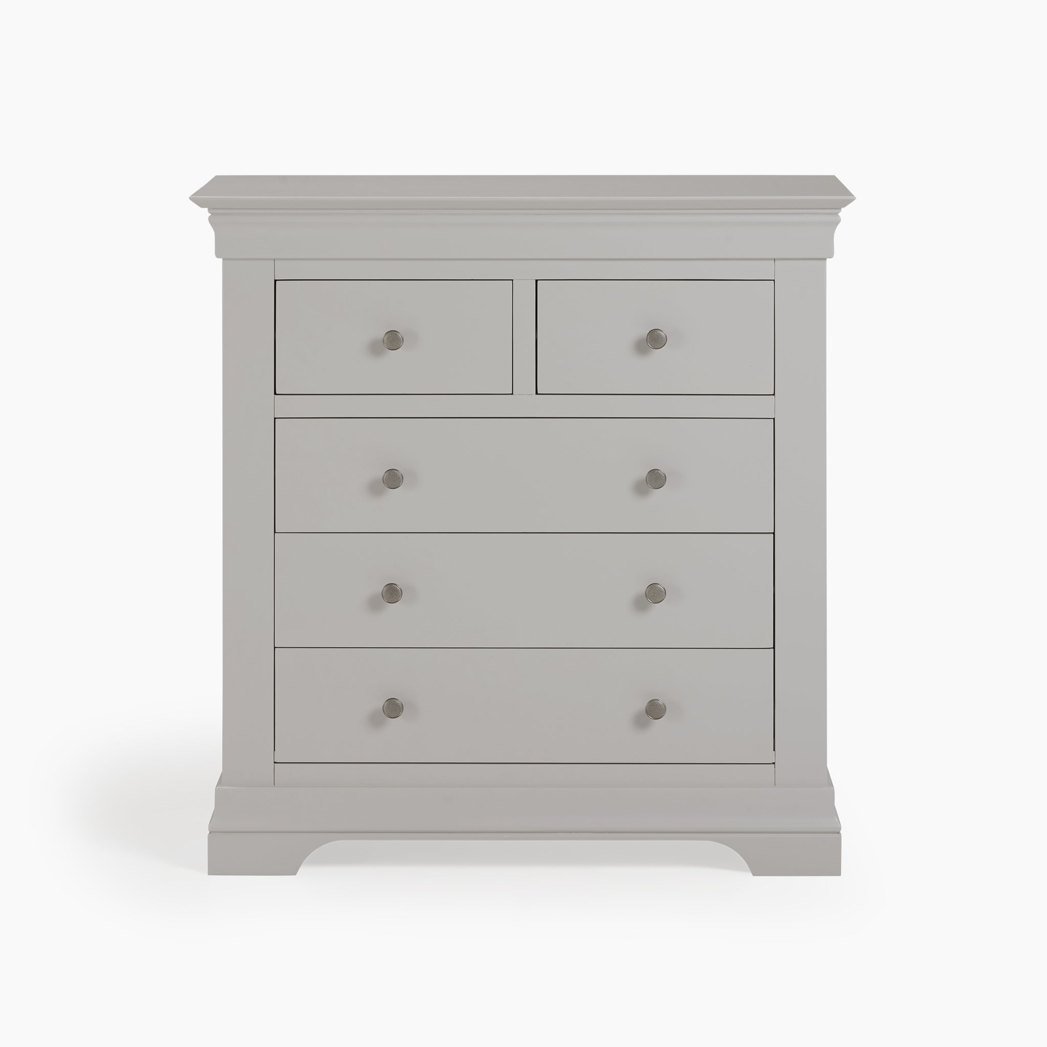 The Chalbury 2 Over 3 Chest of Drawers in Pebble Grey showcases a contemporary design with two small drawers and three large ones, all beautifully contrasted against a crisp white background.