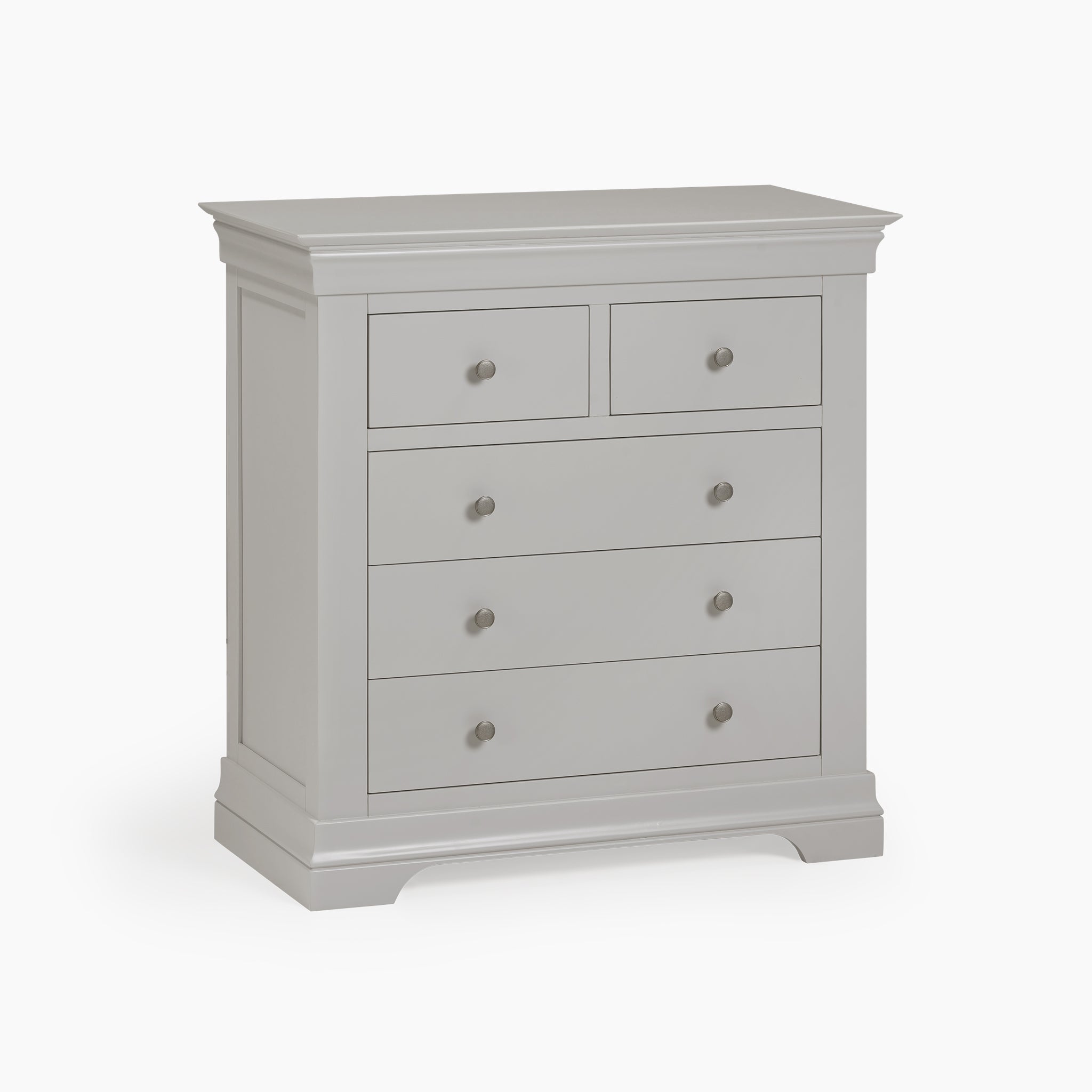 The Chalbury 2 Over 3 Chest of Drawers in Pebble Grey boasts a sleek, contemporary design with its pebble grey finish. This gray wooden dresser includes five drawers and round knobs, set against a clean white background.