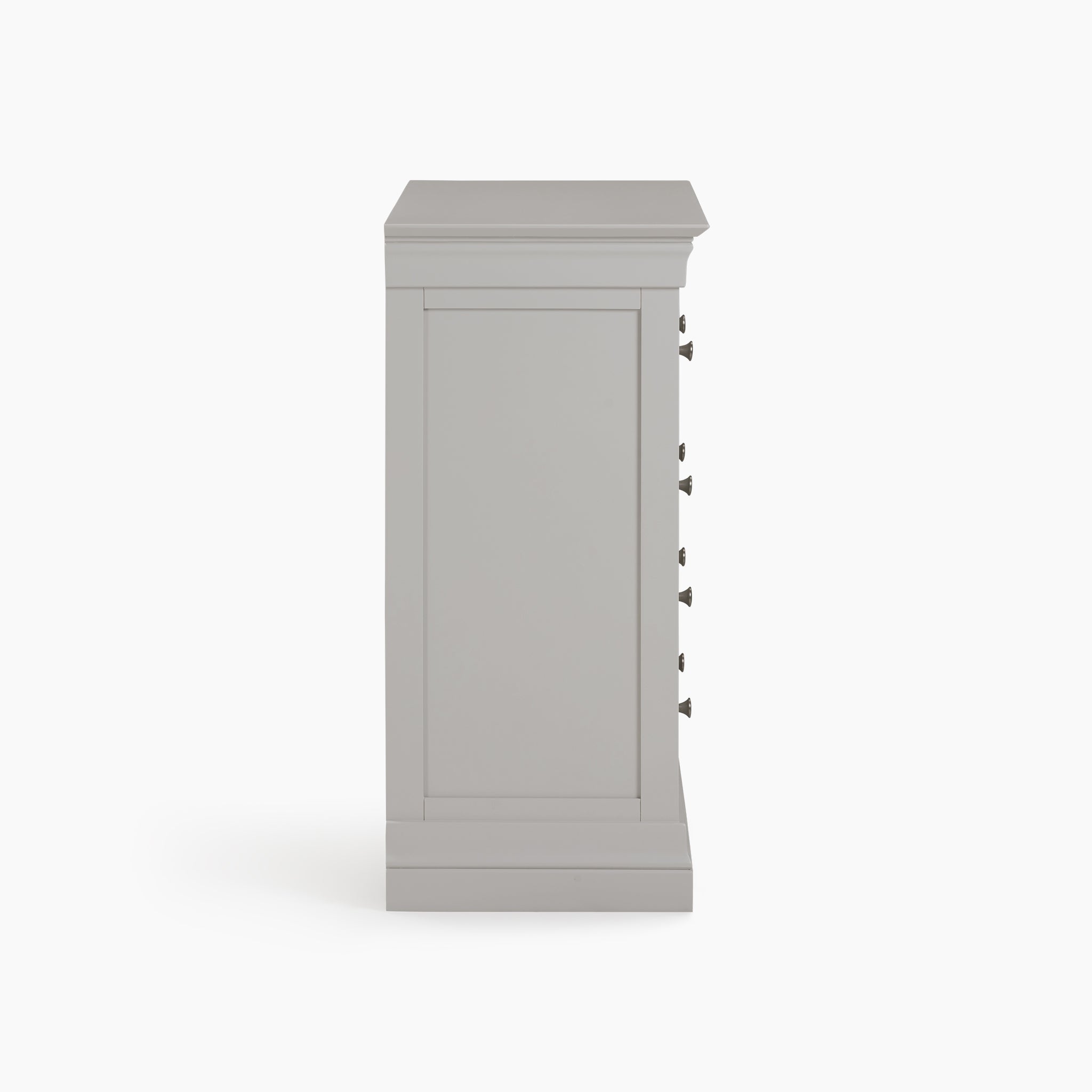 Side view of the Chalbury 2 Over 3 Chest of Drawers in Pebble Grey, highlighting its contemporary design against a white background.