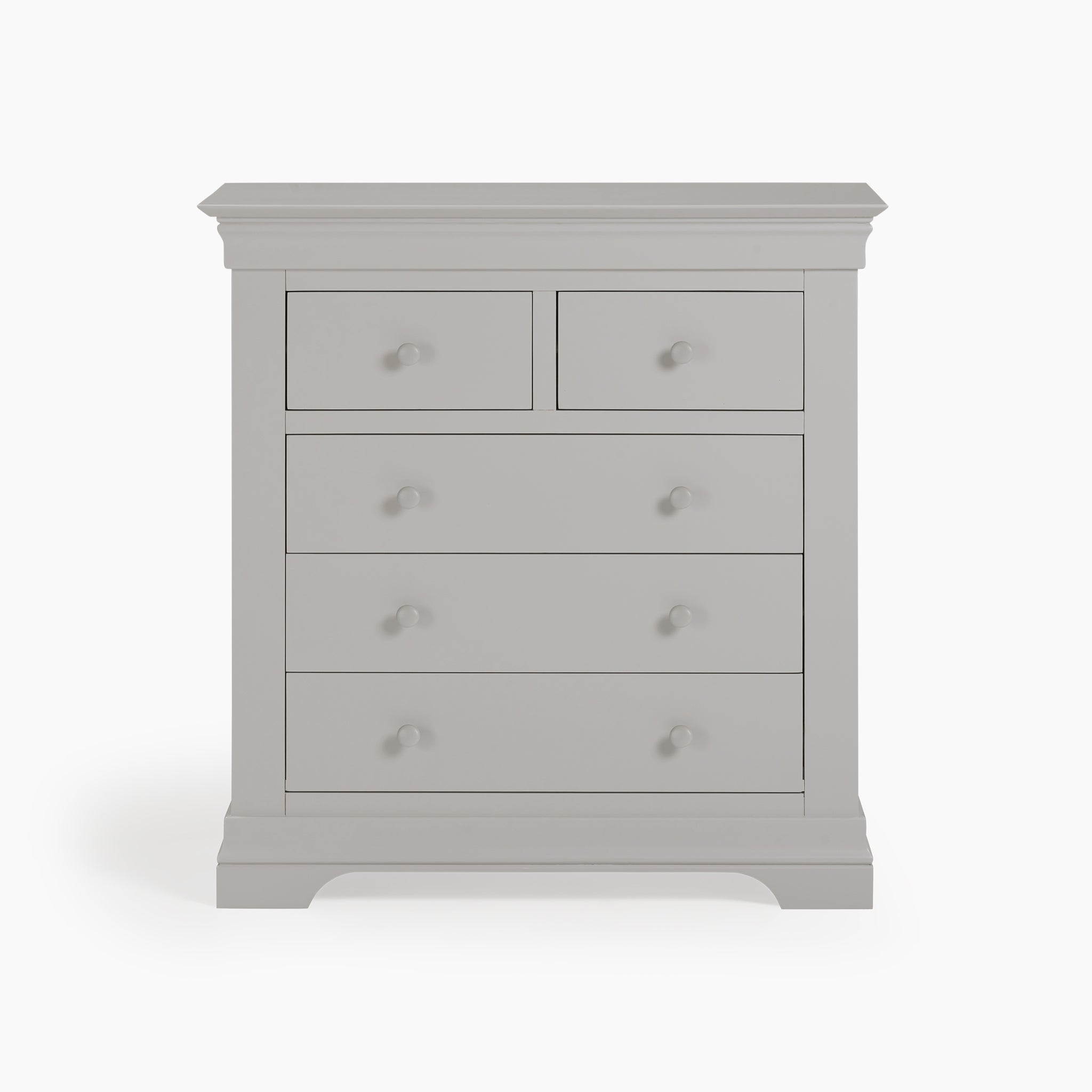 The Chalbury 2 Over 3 Chest of Drawers in Pebble Grey boasts a simple, classic design with two small top drawers and three larger bottom drawers. Its timeless style enhances any room while providing practical storage solutions.