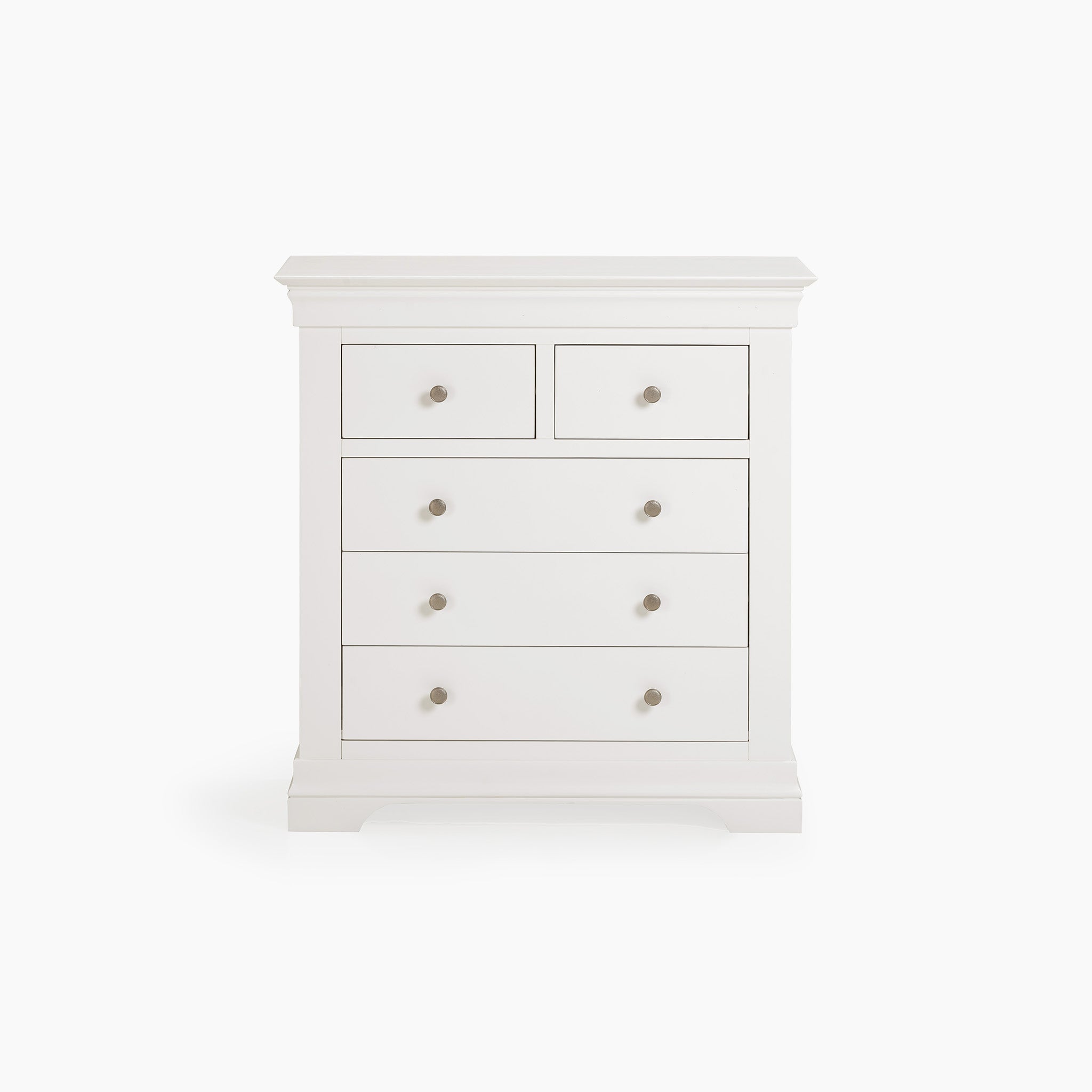 Chalbury 2 Over 3 Chest of Drawers in Warm White, crafted with a modern design, includes two small upper drawers and three spacious lower ones for ample storage, each featuring round handles.