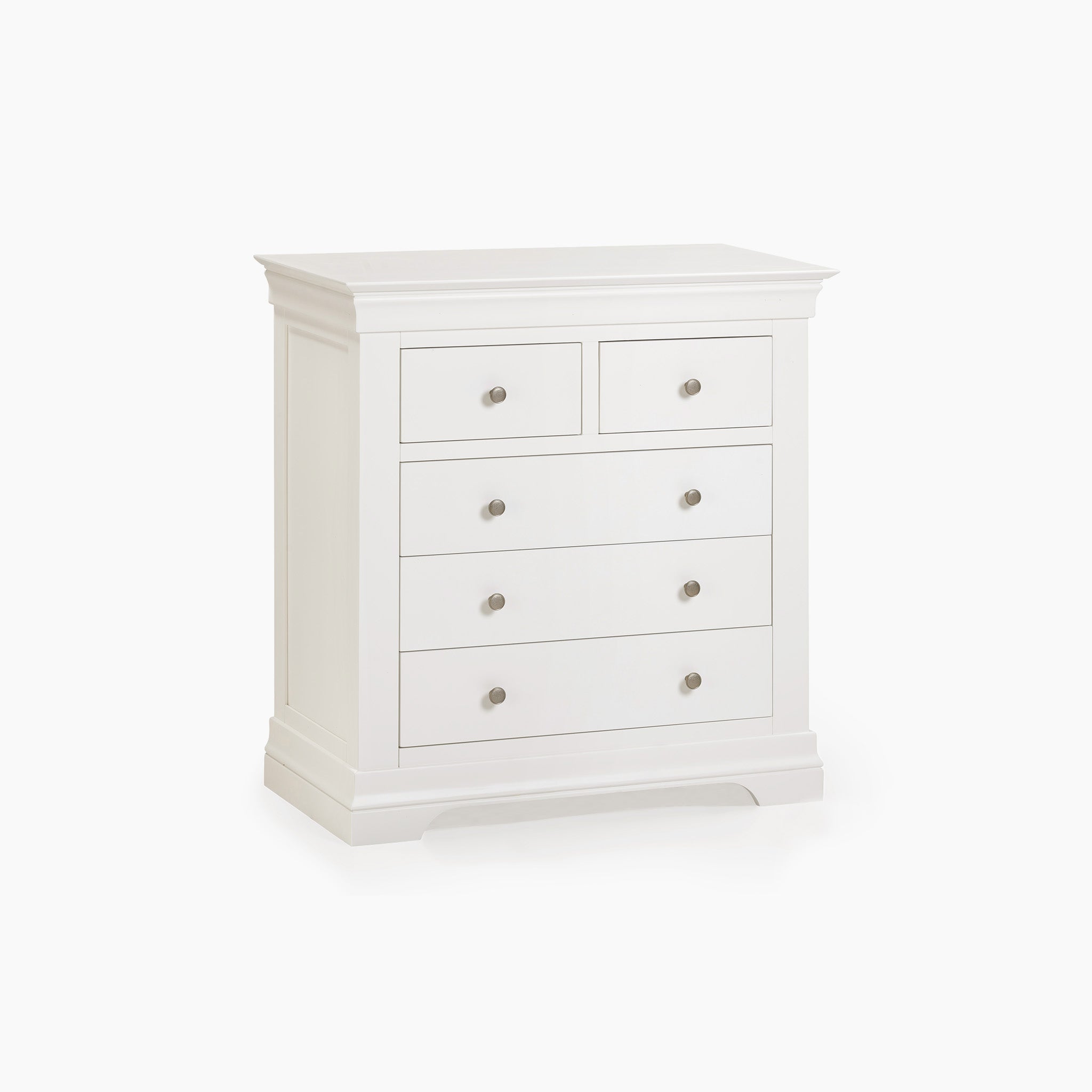 The Chalbury 2 Over 3 Chest of Drawers in Warm White offers a modern design with its white wooden build, providing ample storage through two small and three large compartments, elegantly accented by round metal knobs.