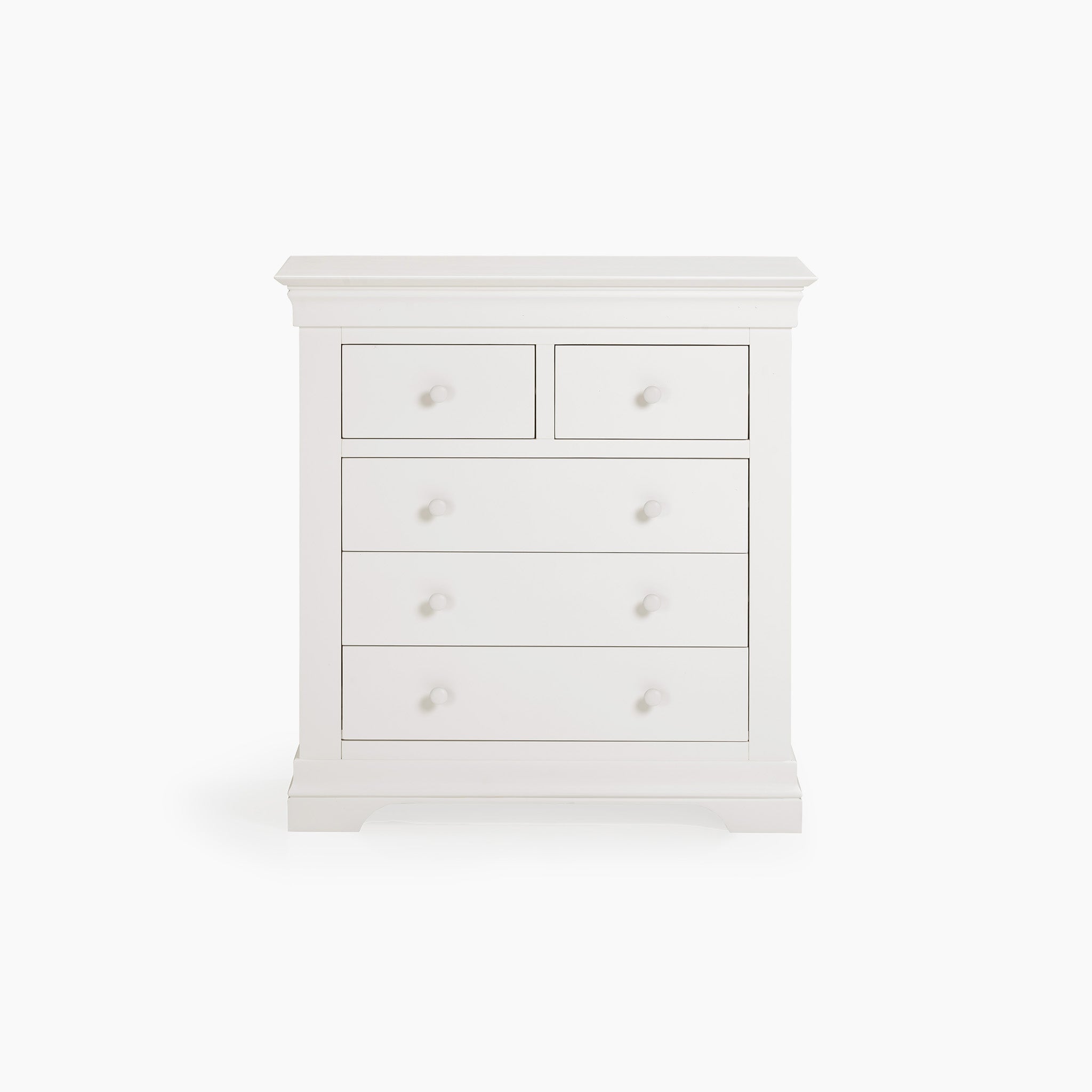 The Chalbury 2 Over 3 Chest of Drawers in Warm White boasts a sleek wooden finish with two smaller upper drawers and three larger lower drawers, offering plenty of storage space for all your essentials.