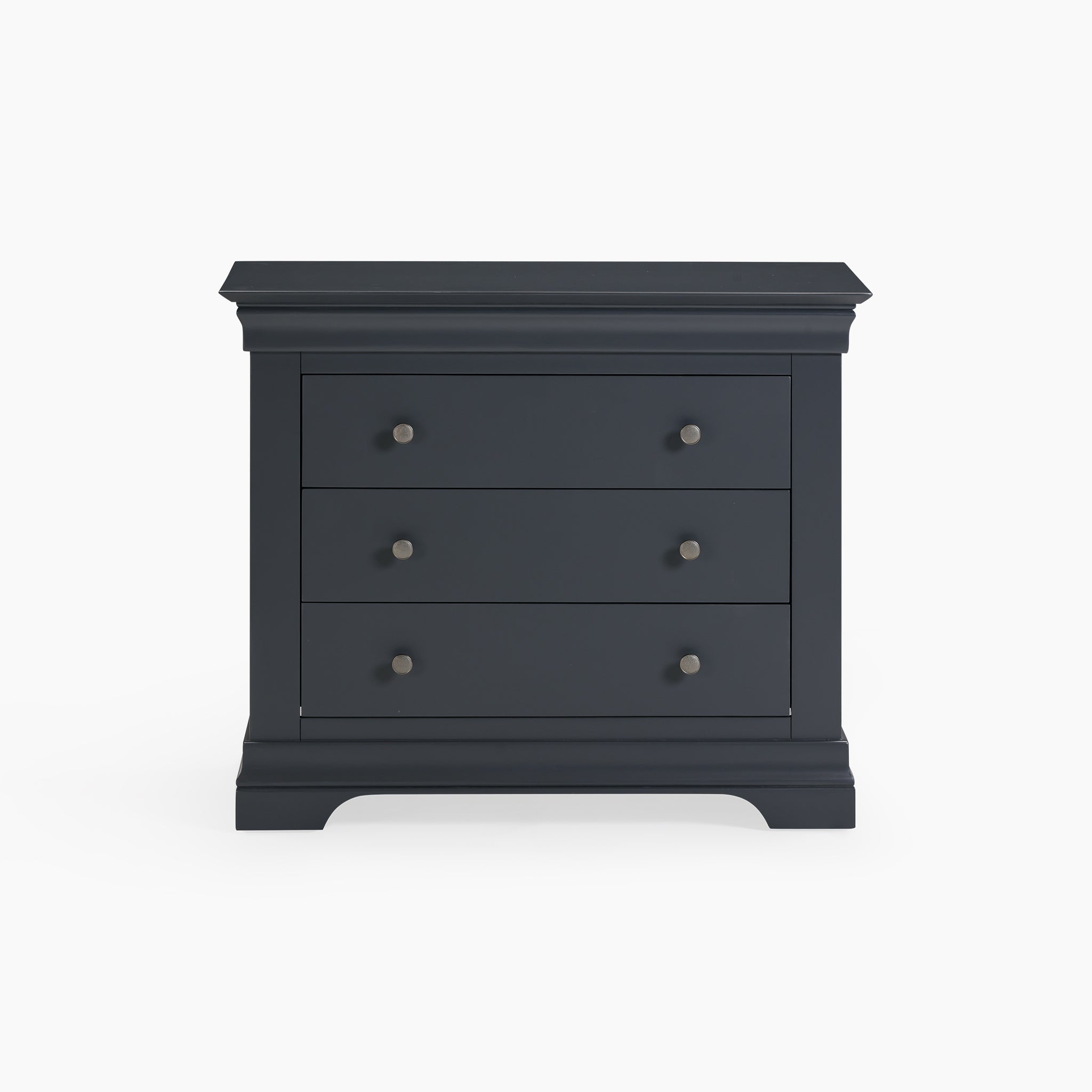 The Chalbury 3 Drawer Chest in Dusky Black showcases a sleek modern design with three elegant knobs on each drawer, all set against a crisp white background.