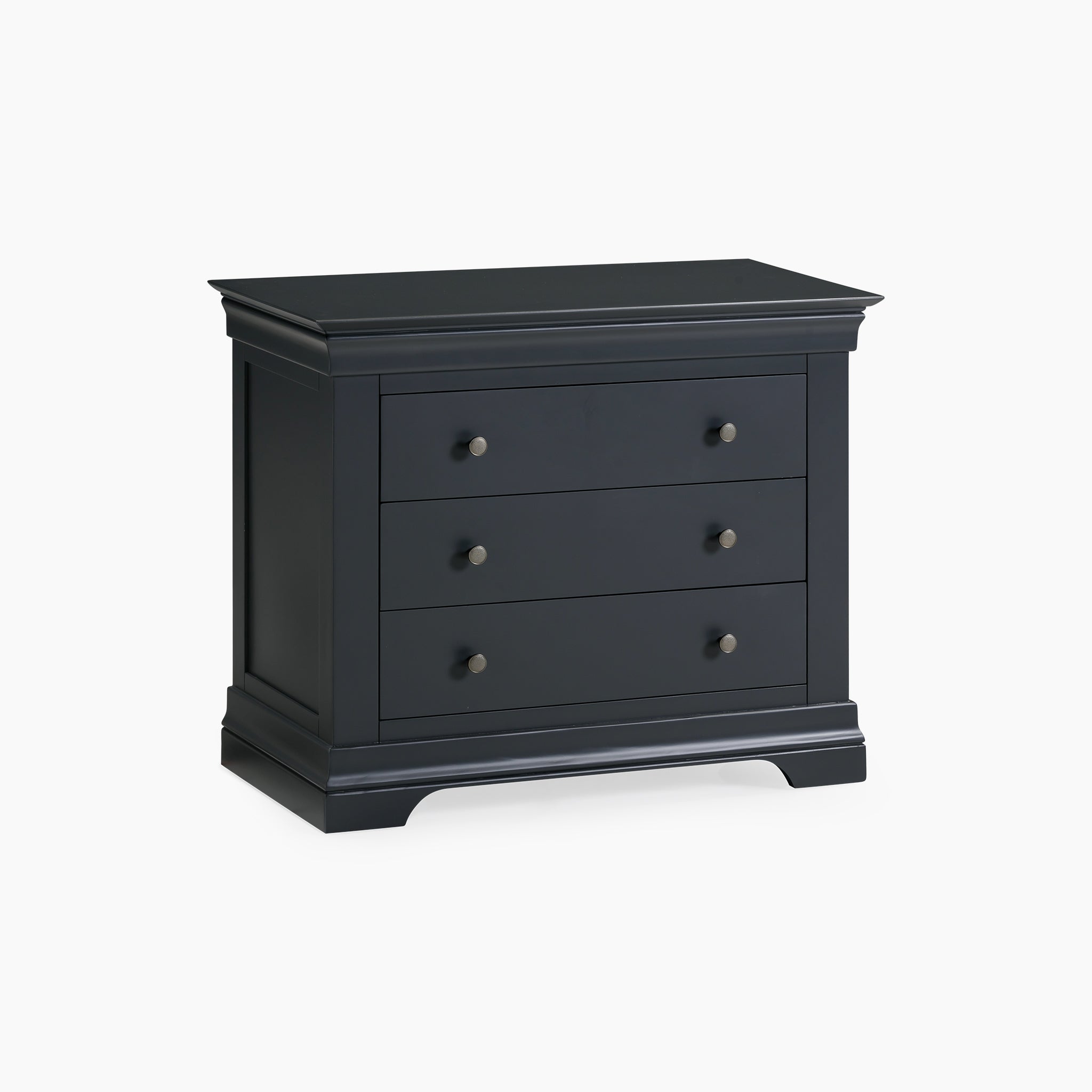 The Chalbury 3 Drawer Chest in Dusky Black showcases a modern design with round knobs, offering a classic touch against a white background.