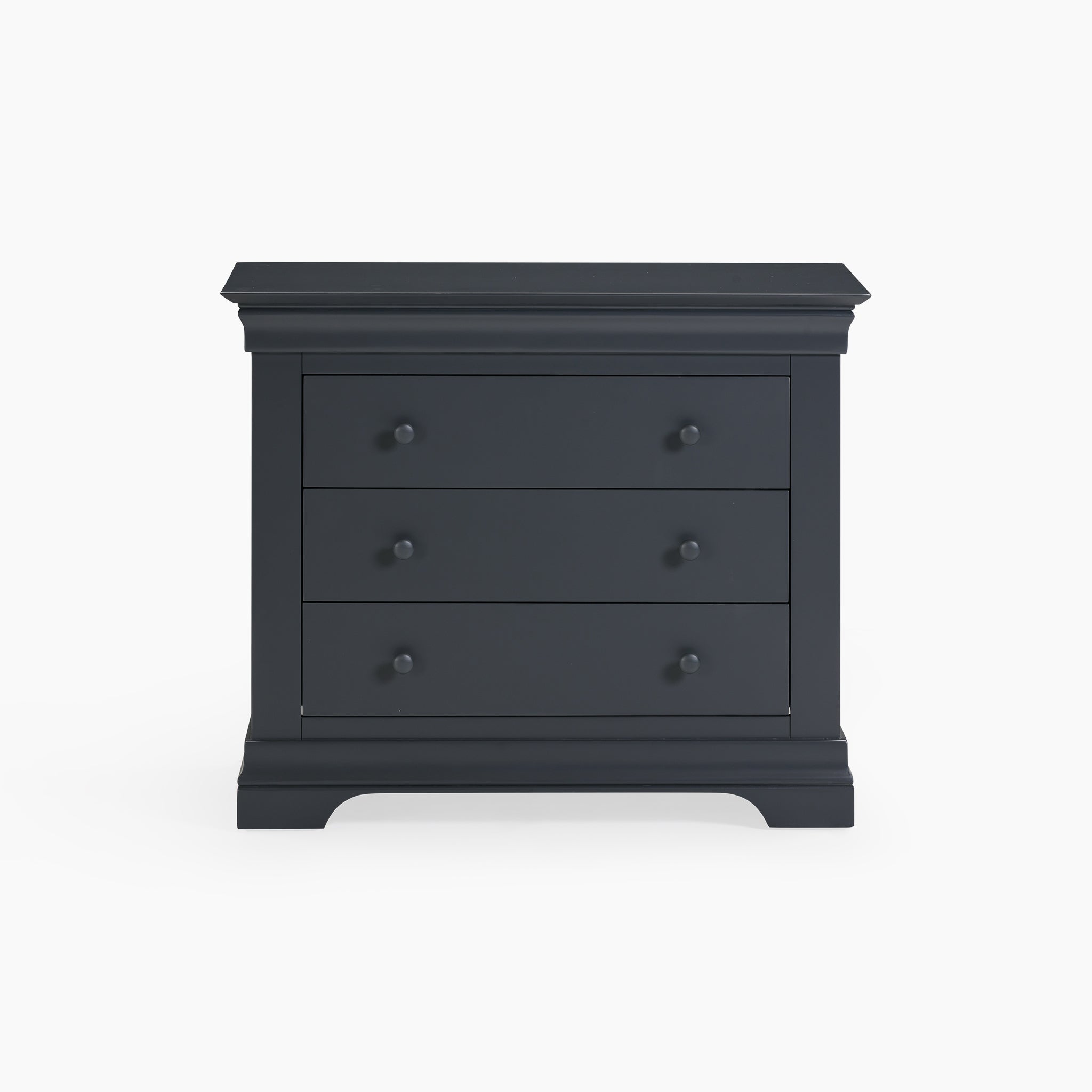 The Chalbury 3 Drawer Chest in Dusky Black showcases a modern design with simple round handles set against a white background.