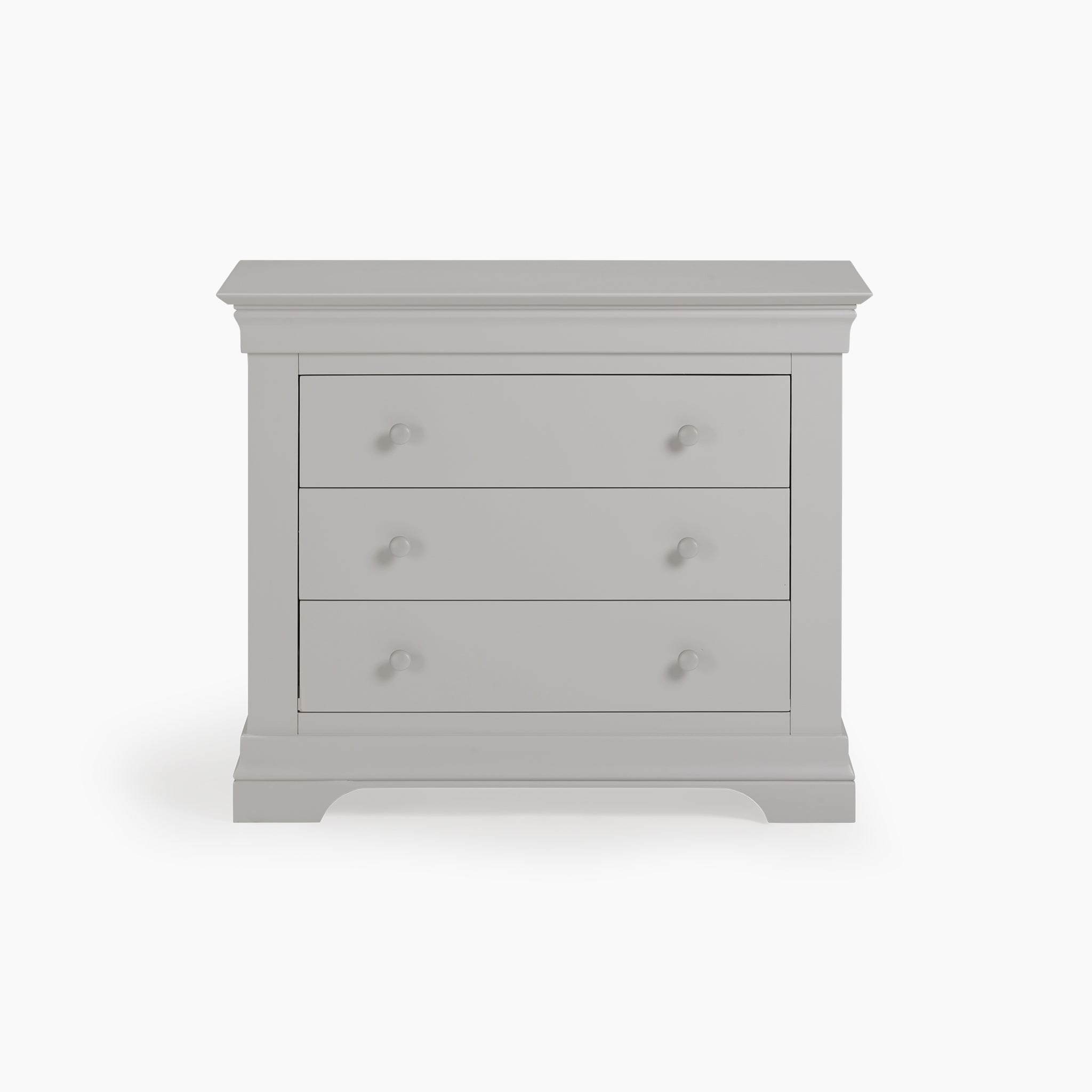 The Chalbury 3 Drawer Chest in Pebble Grey is a stylish storage piece featuring round handles, set against a pristine white background.