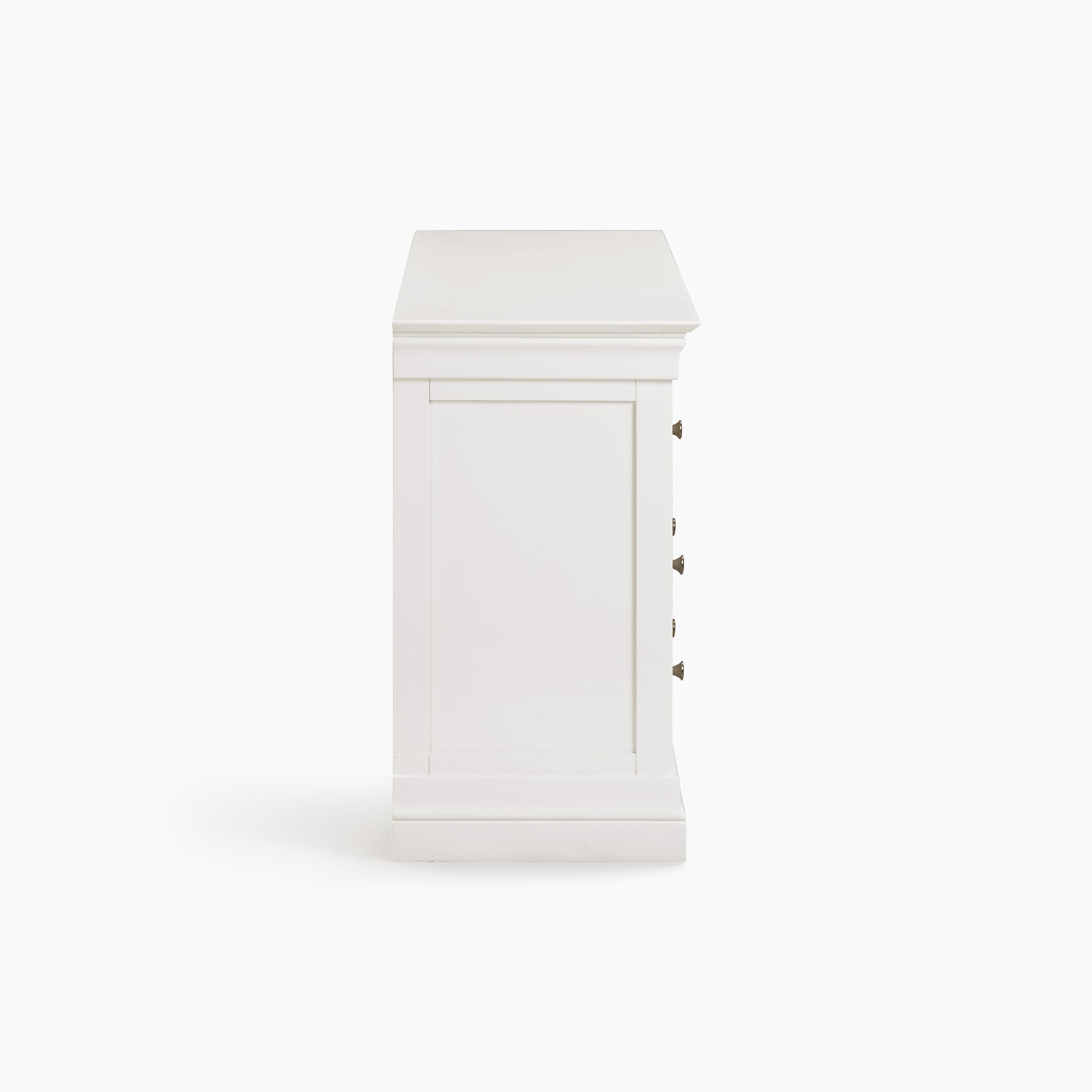 Side view of the Chalbury 3 Over 4 Chest of Drawers in Warm White, showcasing elegant brass drawer knobs against a plain background. This stylish storage furniture seamlessly blends classic design with modern functionality.