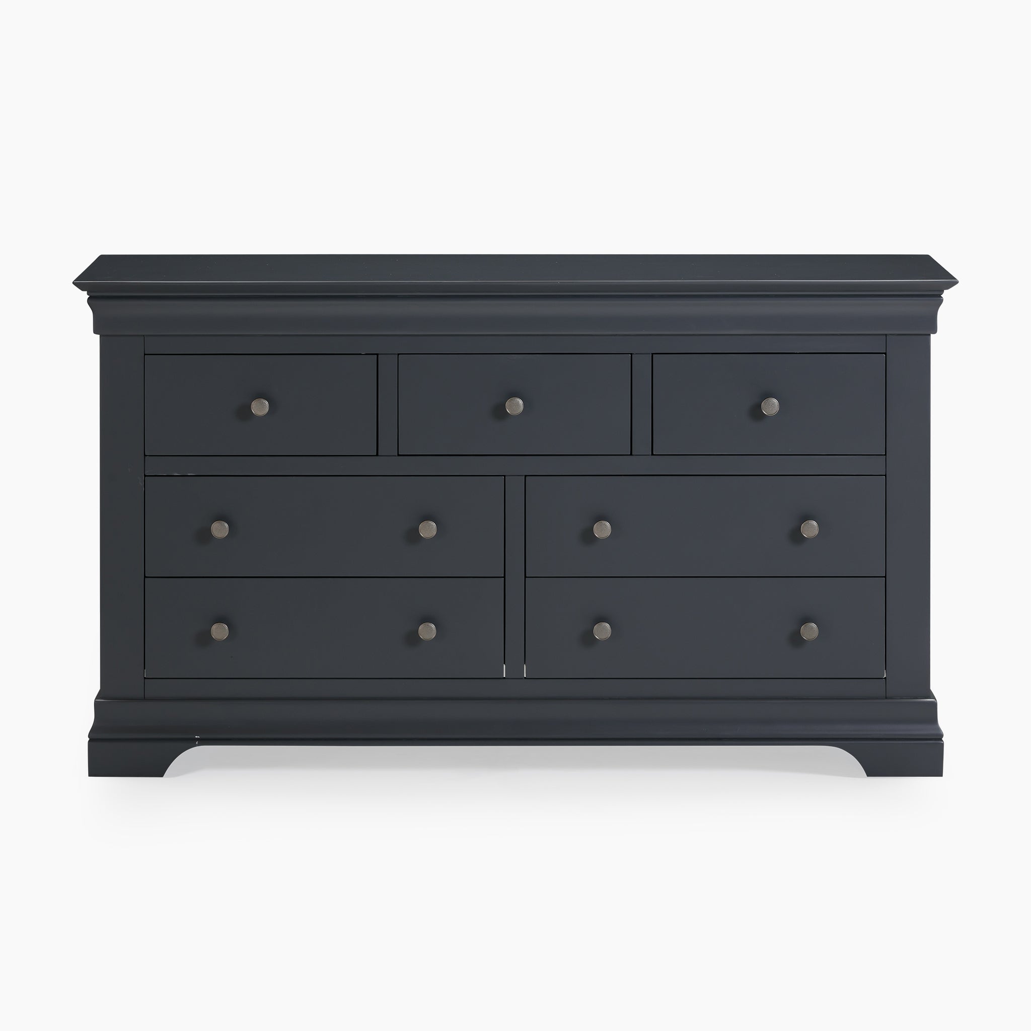 A Chalbury 3 Over 4 Chest of Drawers in Dusky Black, featuring seven drawers with round knobs.