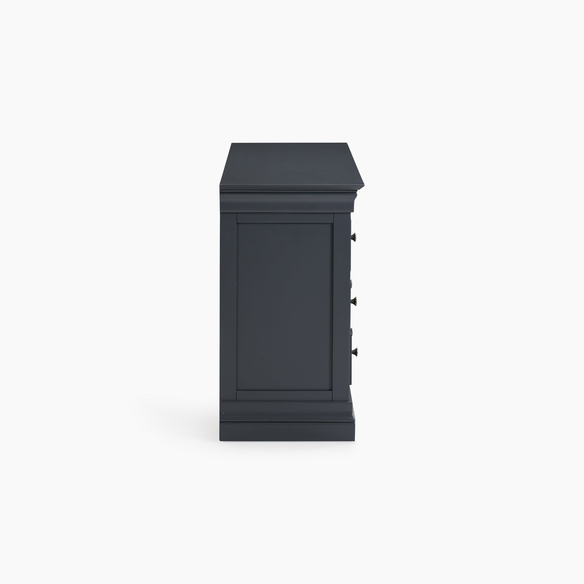 Side view of a Chalbury 3 Over 4 Chest of Drawers in dusky black, featuring a sleek and simple design with three drawers, set against a white background.