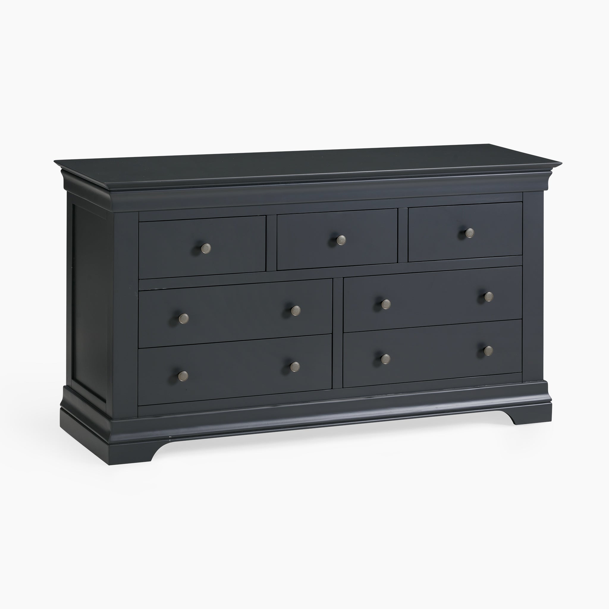 Chalbury 3 Over 4 Chest of Drawers in Dusky Black, featuring seven drawers with round knobs, set against a white background.