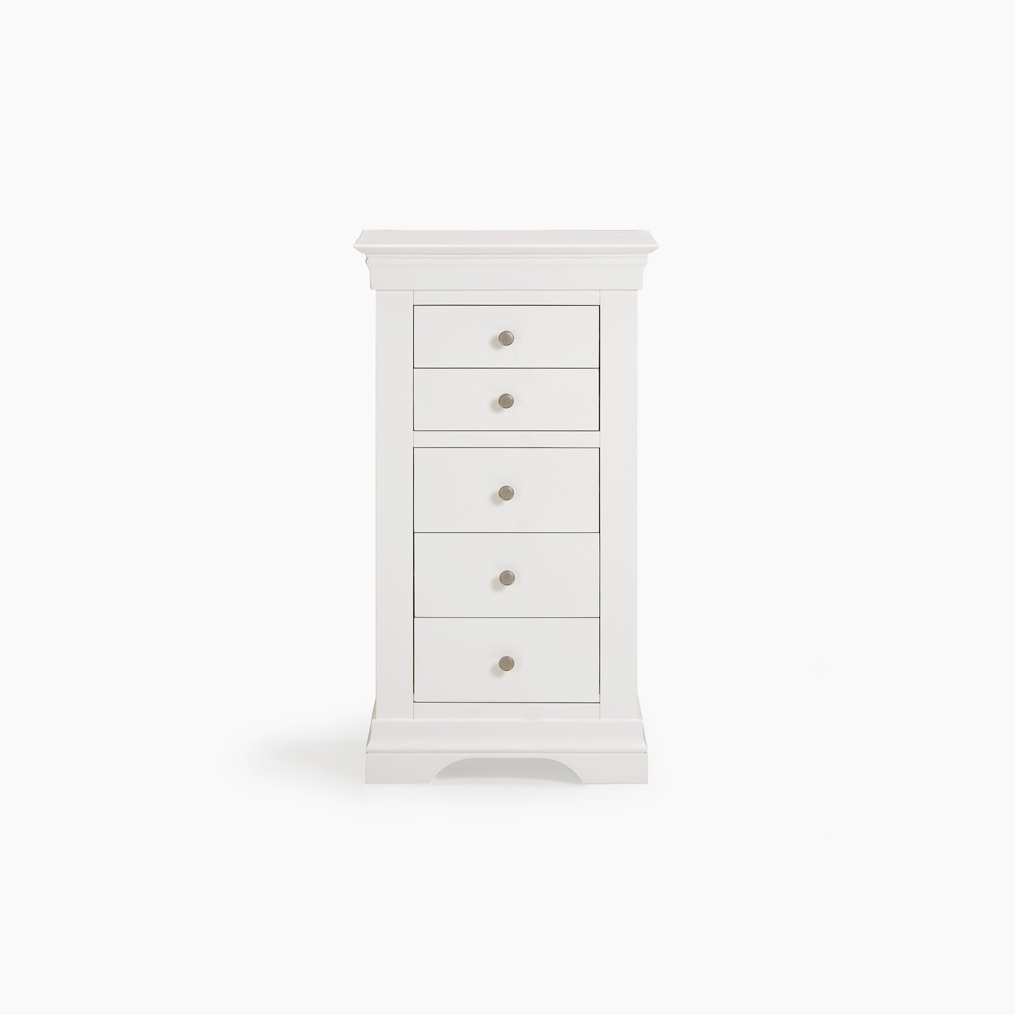 The Chalbury 5 Chest of Drawers in Warm White is a stylish storage piece featuring five drawers with circular handles on a plain background.