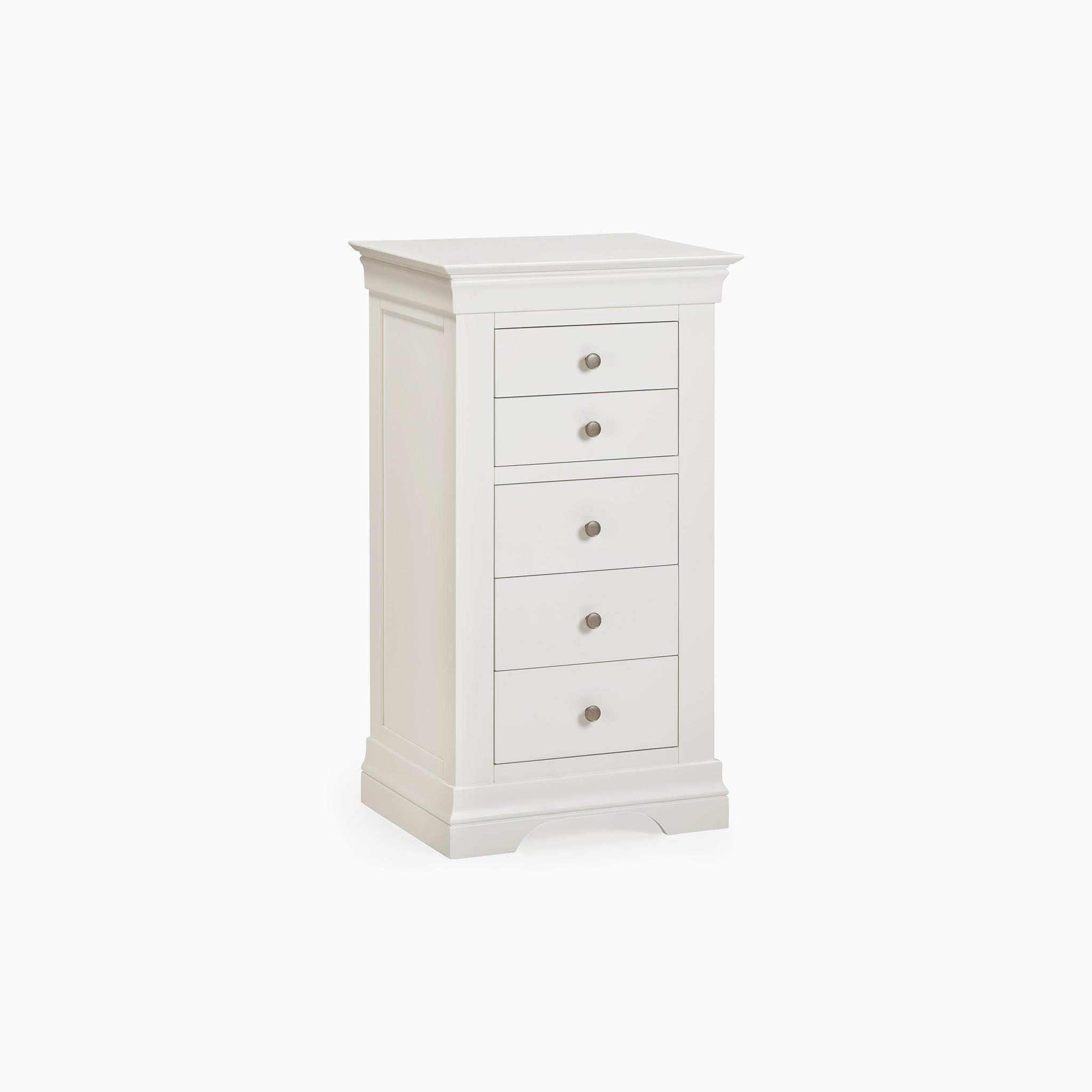 The Chalbury 5 Chest of Drawers in Warm White is a tall storage piece featuring a warm white finish, five spacious drawers, and round silver knobs, elegantly set against a plain background.