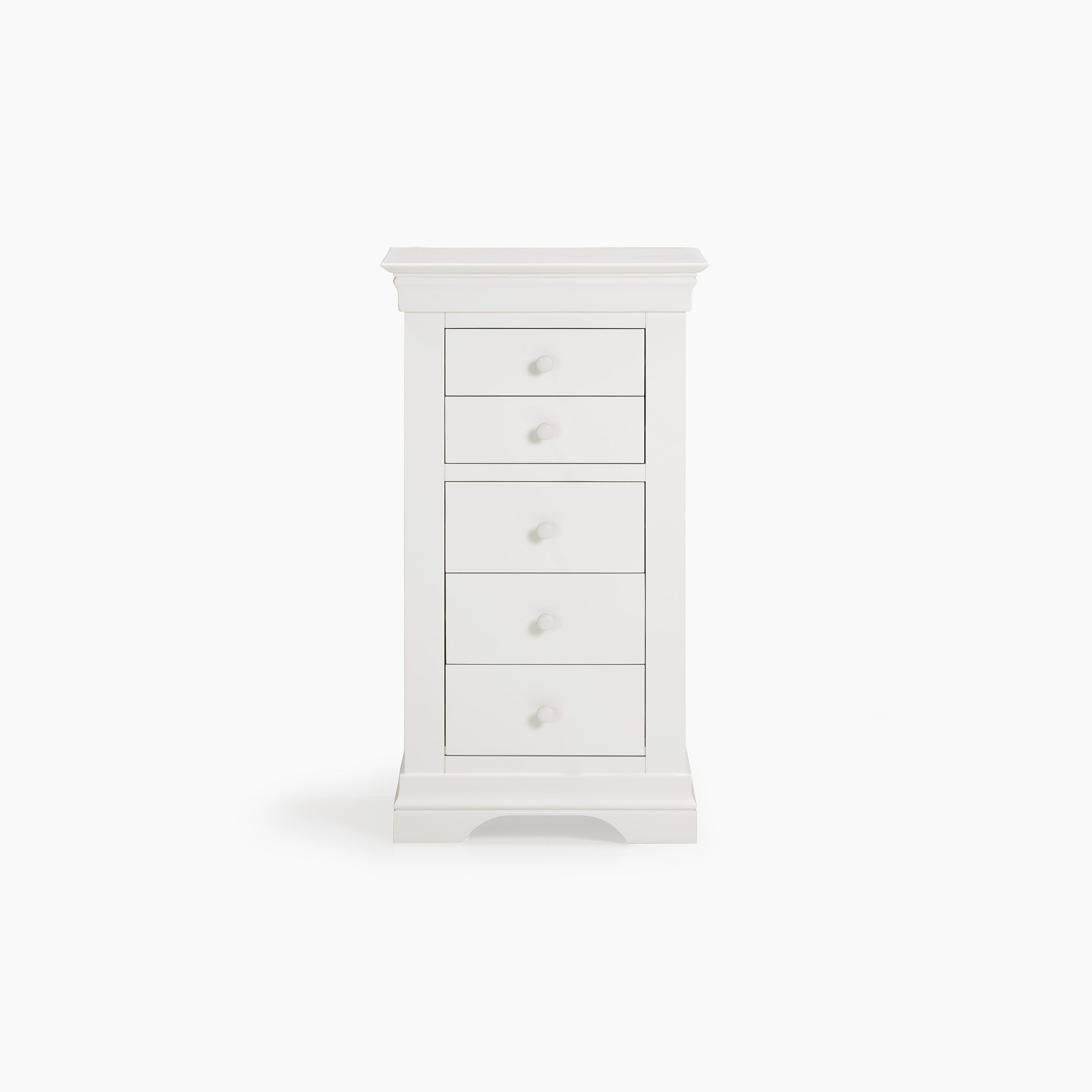 The Chalbury 5 Chest of Drawers in Warm White is a tall dresser that features five spacious drawers with round knobs, seamlessly combining style and practicality. This sophisticated piece of storage furniture enhances any room effortlessly against a plain background.