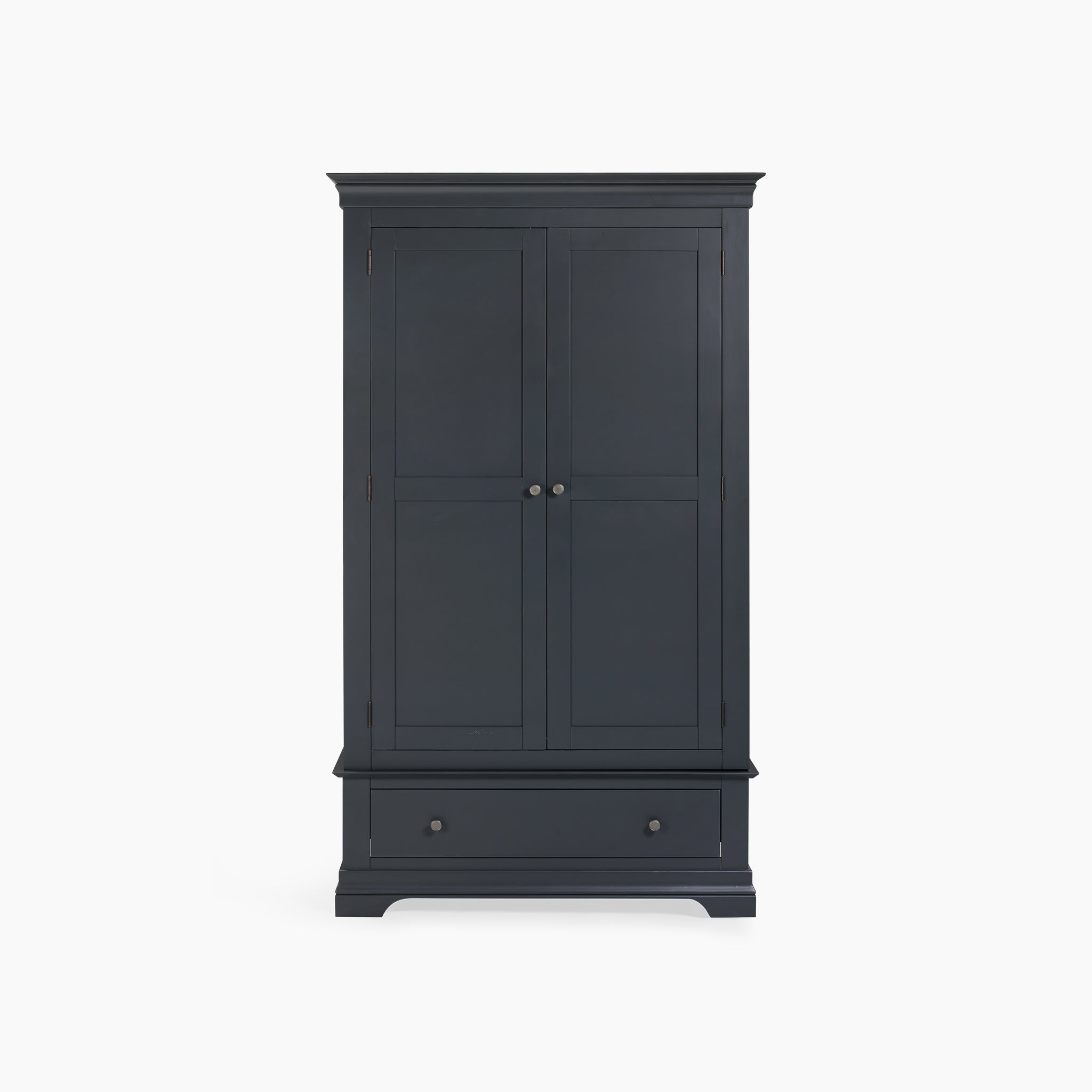 The Chalbury Double Wardrobe in Dusky Black features two doors and a bottom drawer with simple knobs, making it a stylish addition to any bedroom décor.