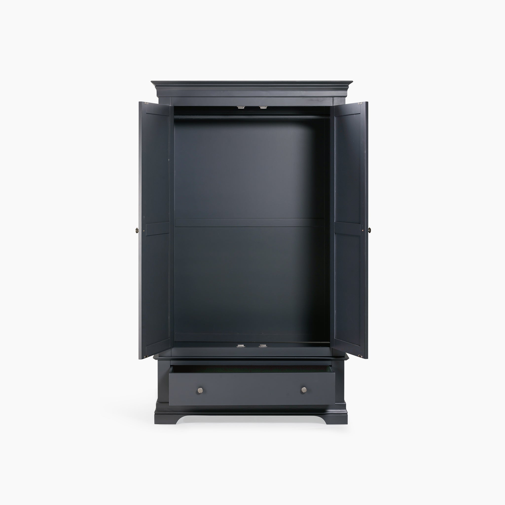 Display the Chalbury Double Wardrobe in Dusky Black, featuring two doors and a bottom drawer, placed against a white backdrop.