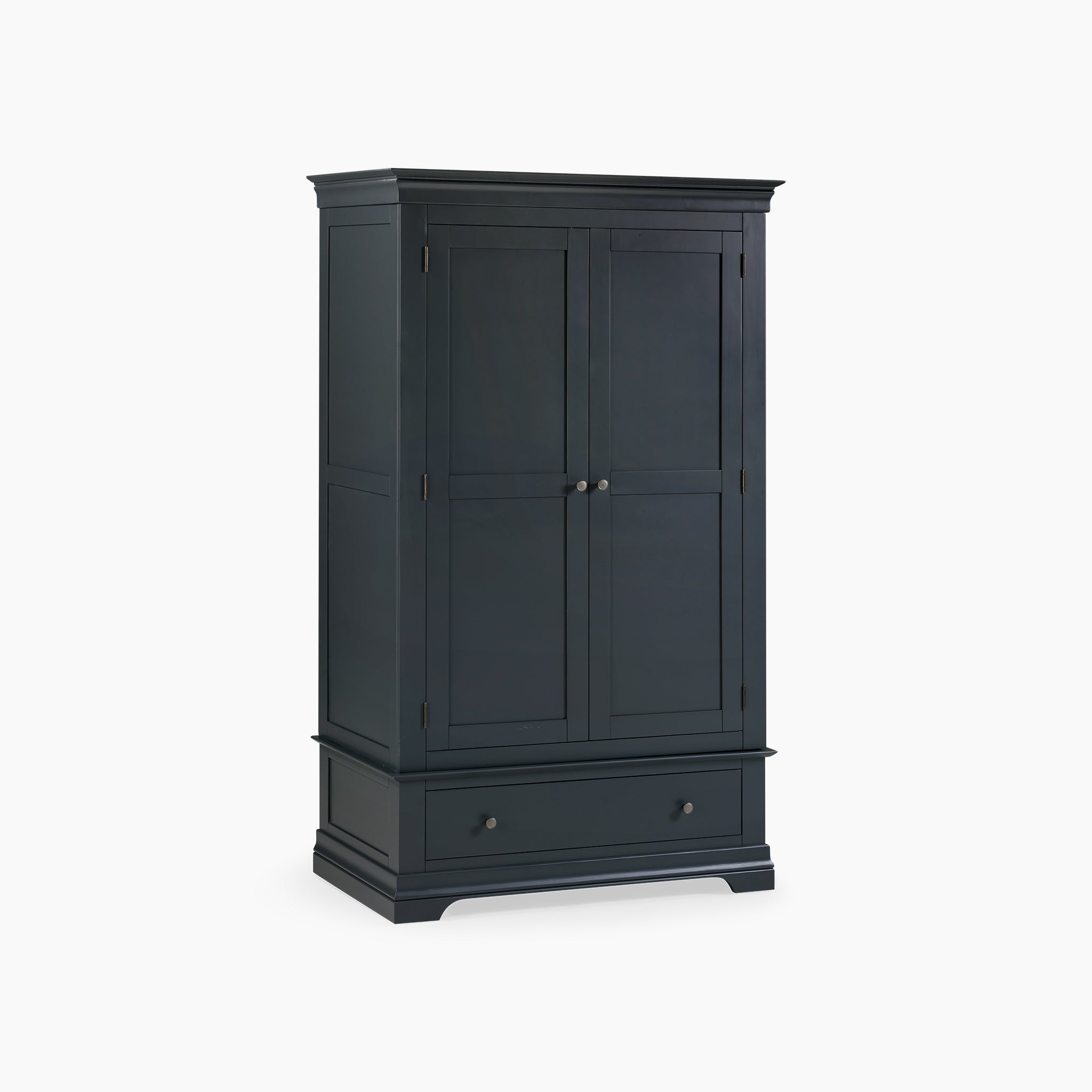 A tall Chalbury Double Wardrobe in Dusky Black with two doors and a bottom drawer stands elegantly against a plain white background, adding a touch of sophistication to your bedroom décor.