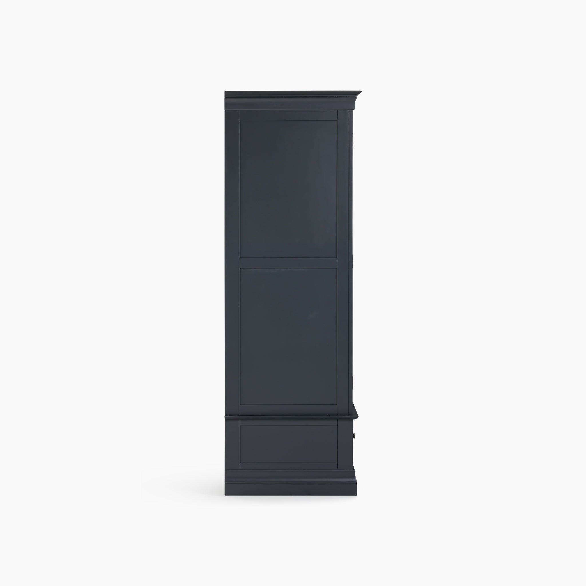 The Chalbury Double Wardrobe in Dusky Black stands out as a tall cabinet with paneled doors, beautifully displayed from the side against a pristine white backdrop—ideal for enhancing your bedroom décor.