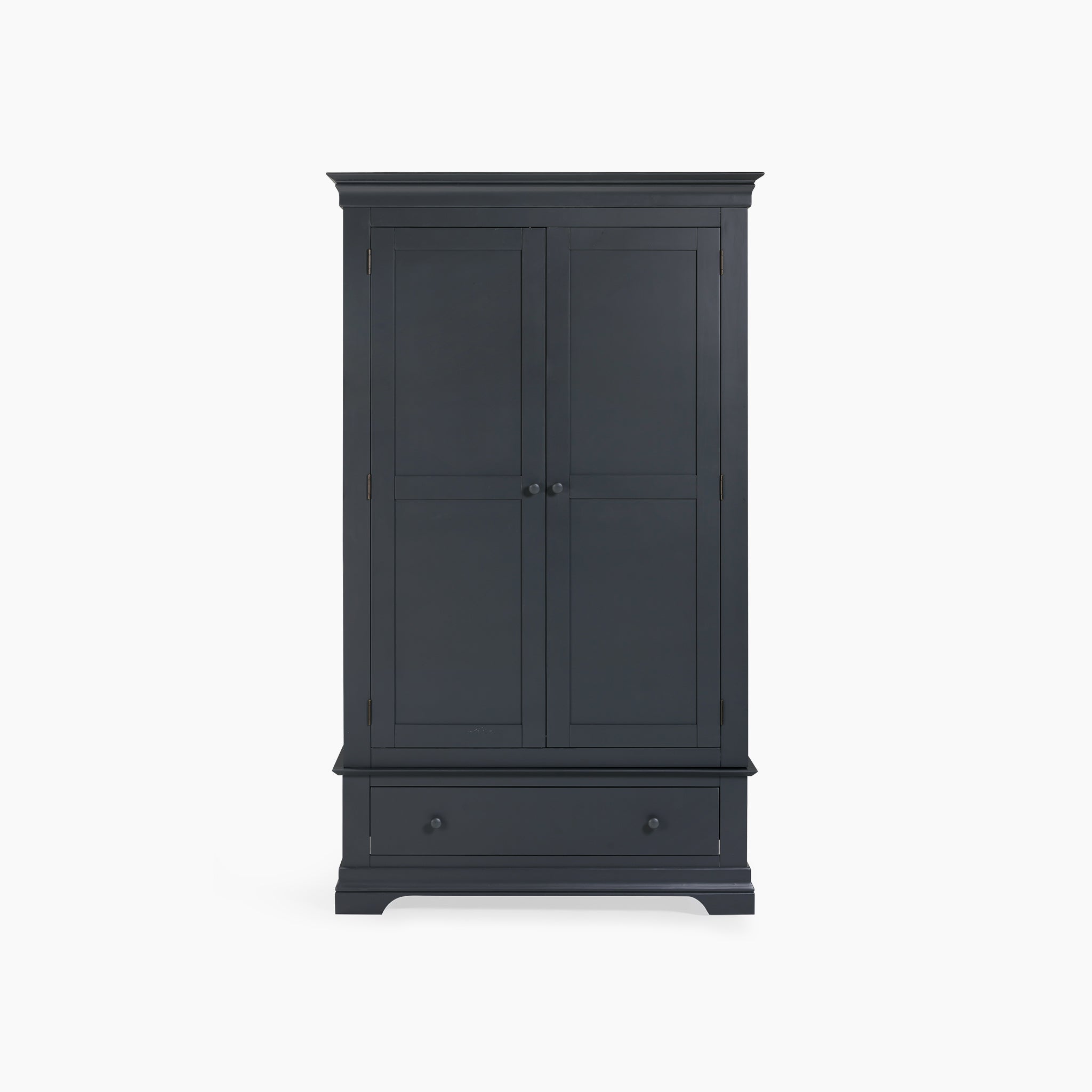 The Chalbury Double Wardrobe in Dusky Black features two doors and a bottom drawer, creating a striking piece of bedroom décor against the plain white backdrop.