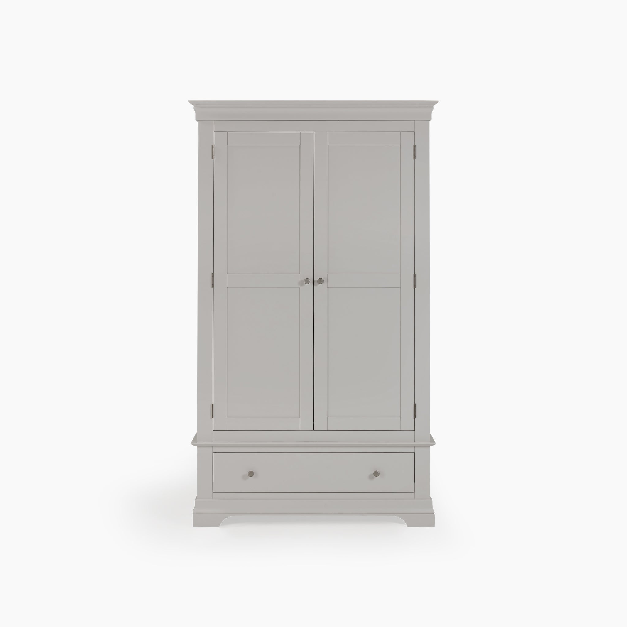 The Chalbury Double Wardrobe in Pebble Grey features two doors and a bottom drawer, providing generous storage space that stands out beautifully against a crisp white backdrop.