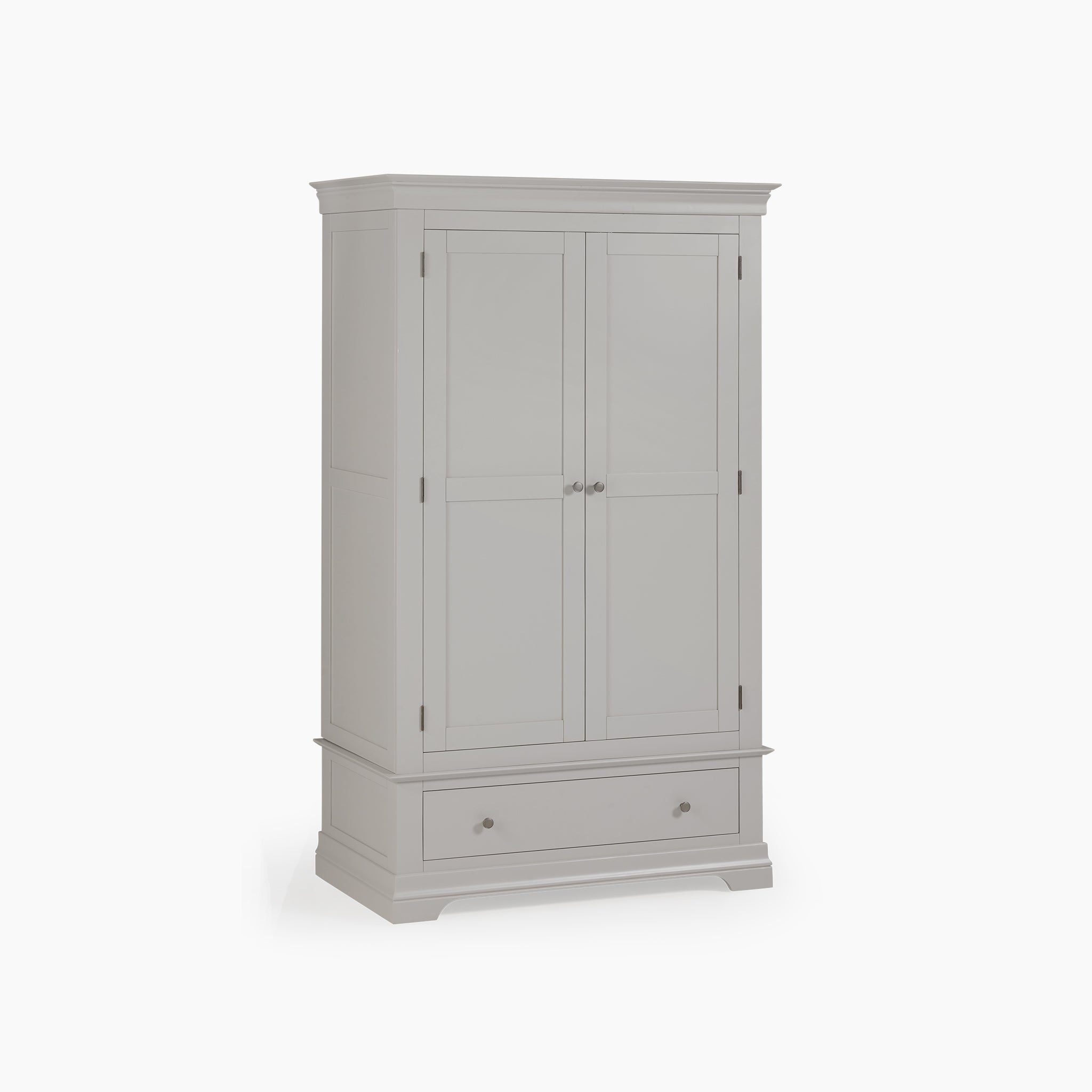 The Chalbury Double Wardrobe in Pebble Grey provides generous storage space with its two doors and bottom drawer, beautifully contrasted by a crisp white background.