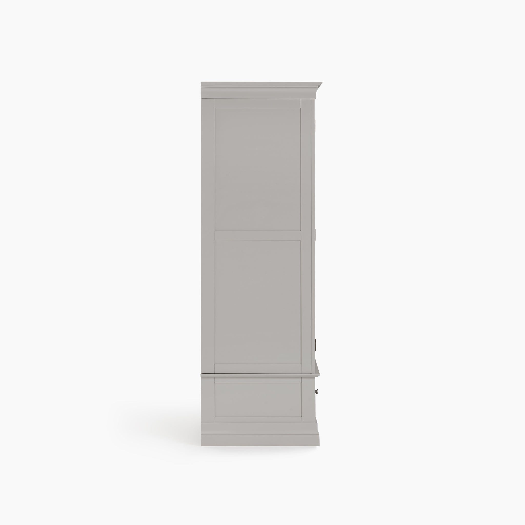 A side profile of the Chalbury Double Wardrobe in Pebble Grey, highlighting its towering design and generous storage capacity, set against a white backdrop.