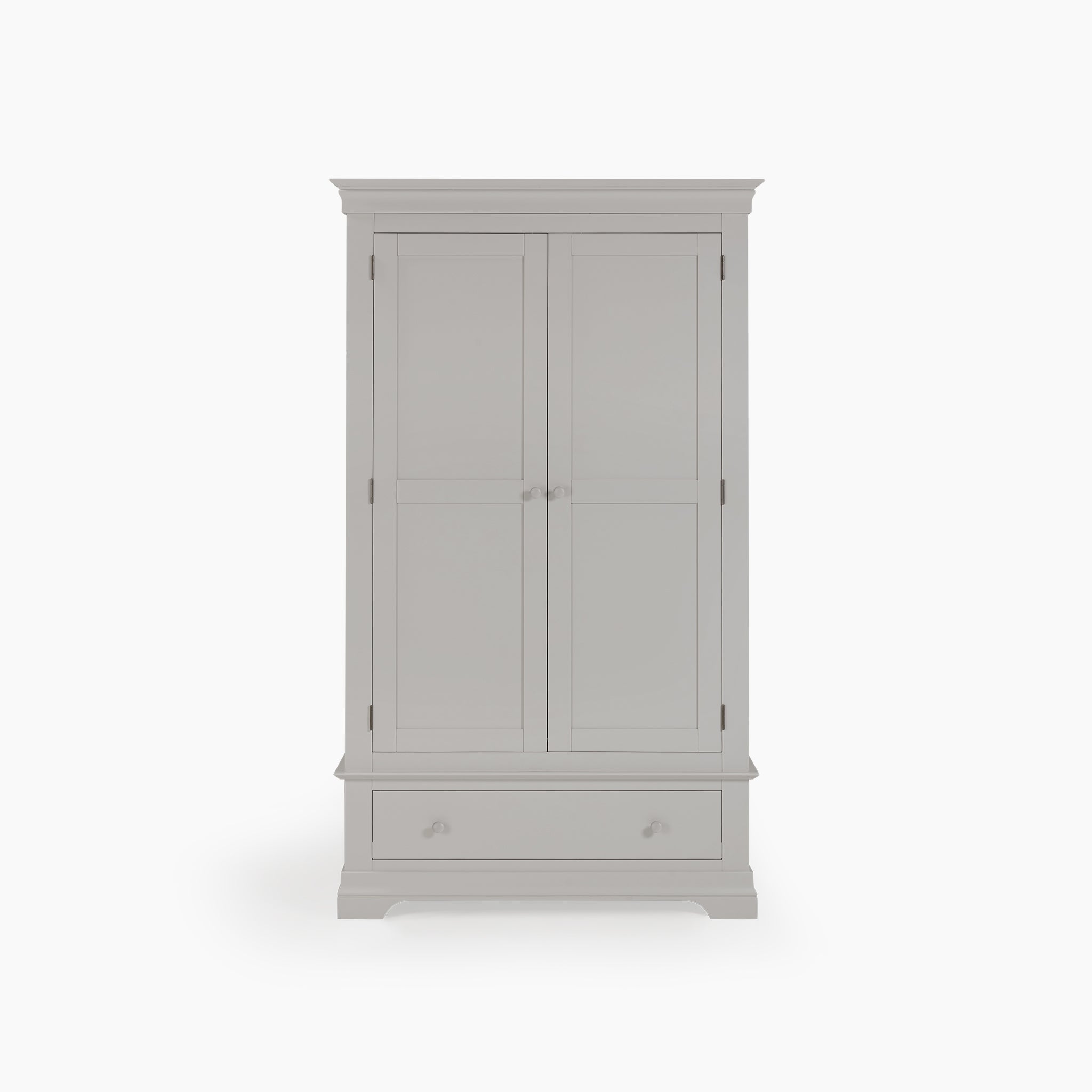 The Chalbury Double Wardrobe in Pebble Grey showcases tall double doors and a bottom drawer, providing generous storage space. Its elegant design effortlessly enhances any room's decor when set against a white background.