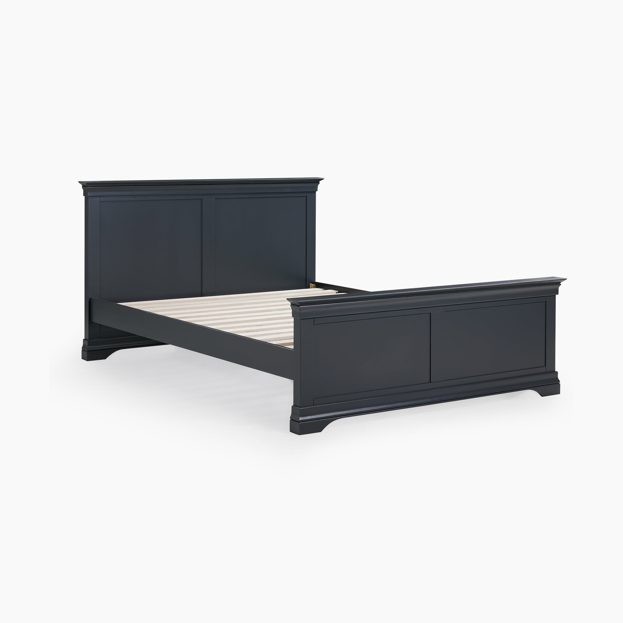 The Chalbury 4ft 6" High End Double Bed Frame in Dusky Black provides a luxurious sleeping experience with its dusky black wooden construction, featuring a high headboard and footboard. Its solid frame stands elegantly against the white background, exuding timeless sophistication.