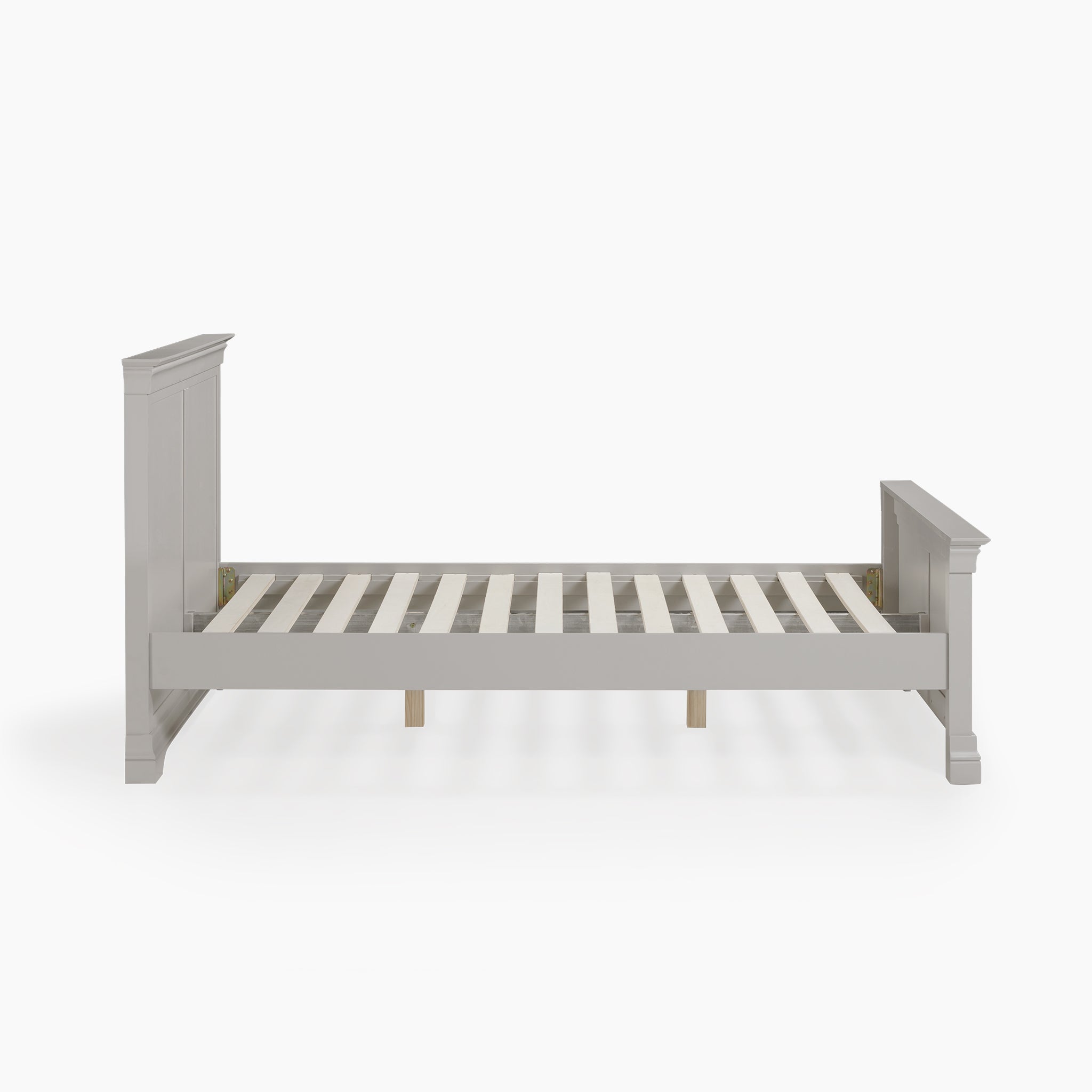 Chalbury 4ft 6" High End Double Bed Frame in Pebble Grey, featuring a high headboard and footboard with a slatted base, shown from the side on a white background.