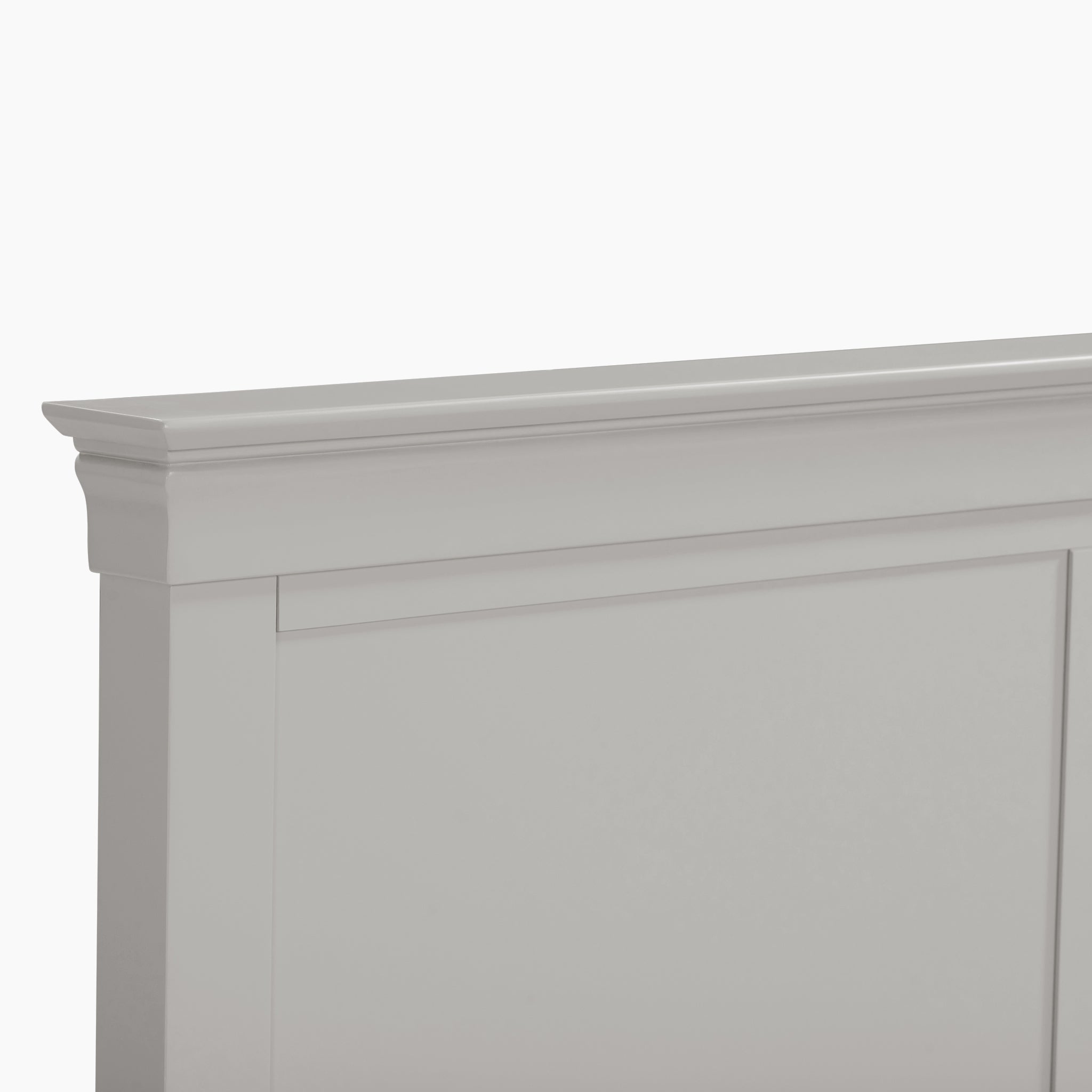 Close-up of the Chalbury 4ft 6" High End Double Bed Frame in Pebble Grey, featuring a decorative molding and panel design that highlights its sophisticated style.