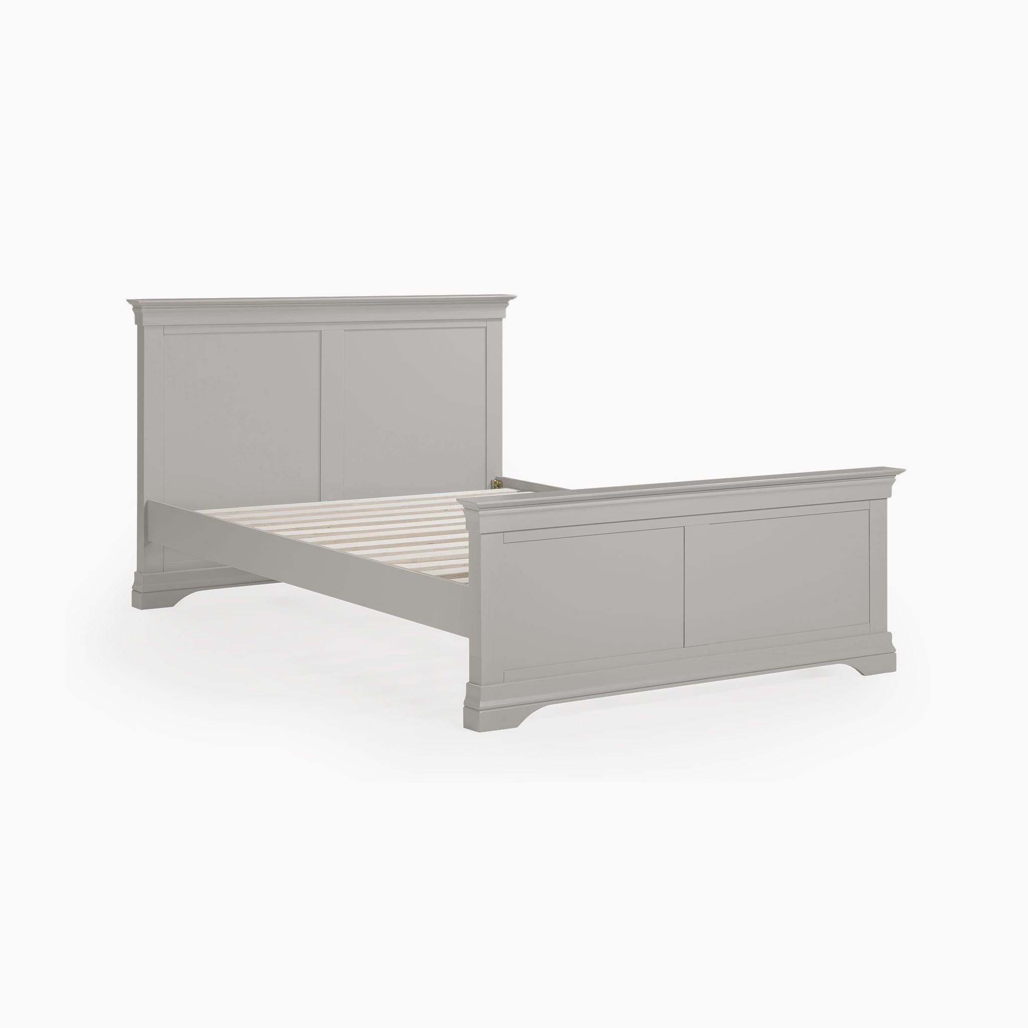 The Chalbury 4ft 6" High End Double Bed Frame in Pebble Grey, featuring a paneled headboard and footboard, is elegantly showcased against a white background, highlighting its sophisticated design.