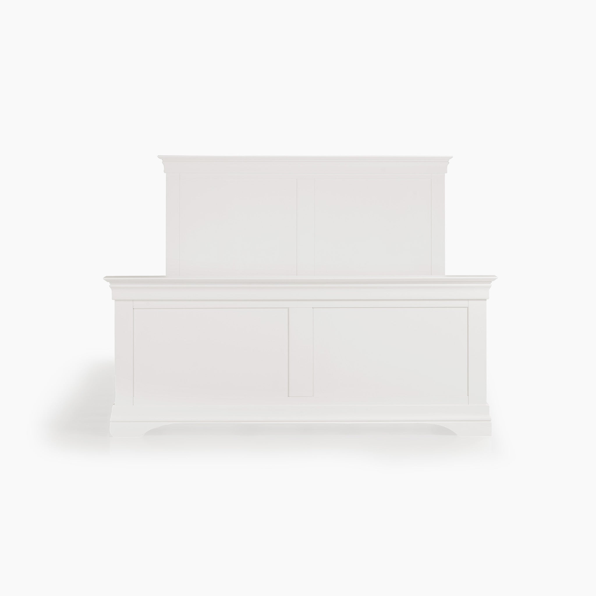 The Chalbury 4ft 6" High End Double Bed Frame in Warm White features a tall headboard and footboard, making it an ideal addition to any serene bedroom setting. Its elegant design stands gracefully against a plain background, combining style with comfort.