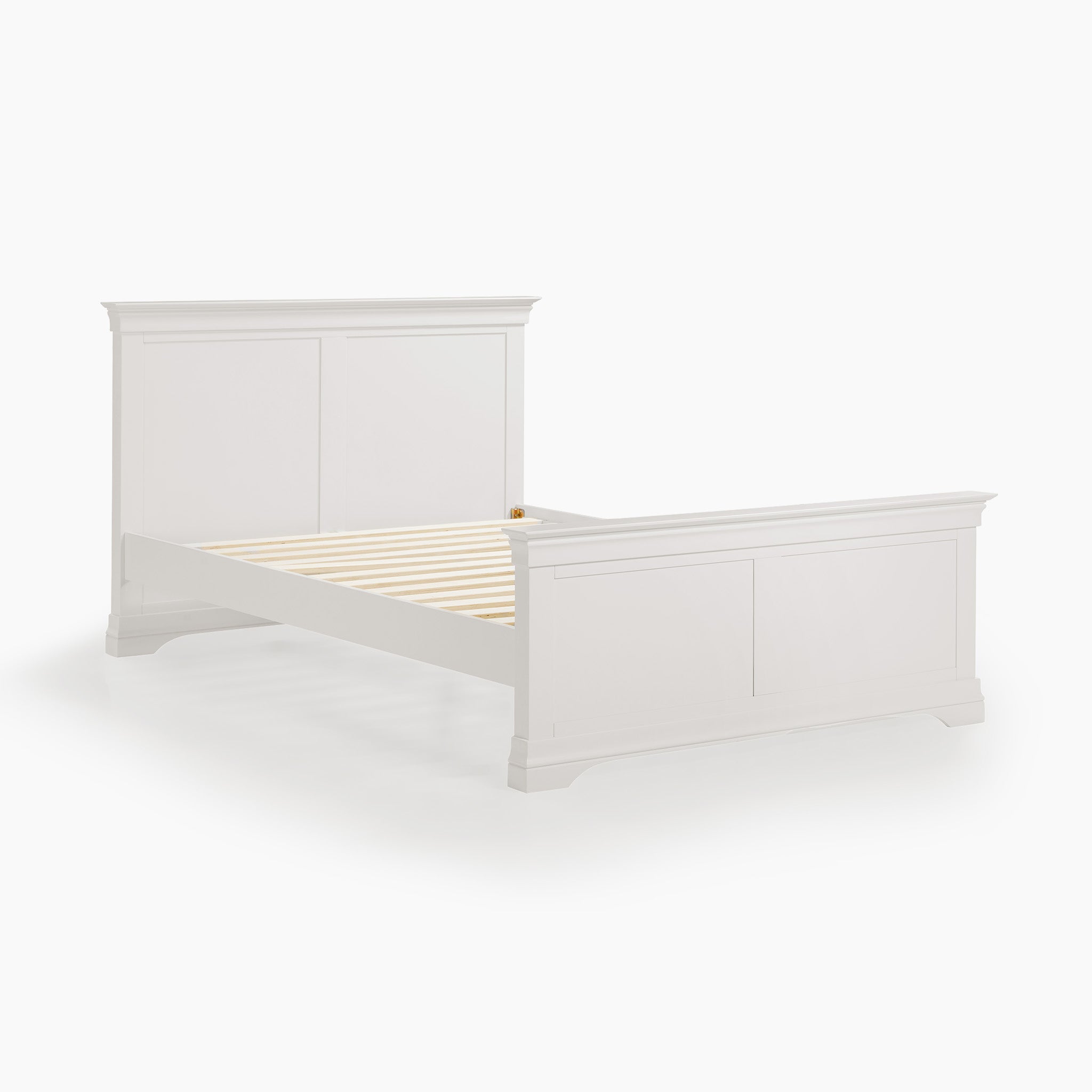 Introducing the Chalbury 4ft 6" High End Double Bed Frame in Warm White. This exquisite bed frame showcases a sleek white wooden design with a slatted base, offering an elegant touch of sophistication to any bedroom.